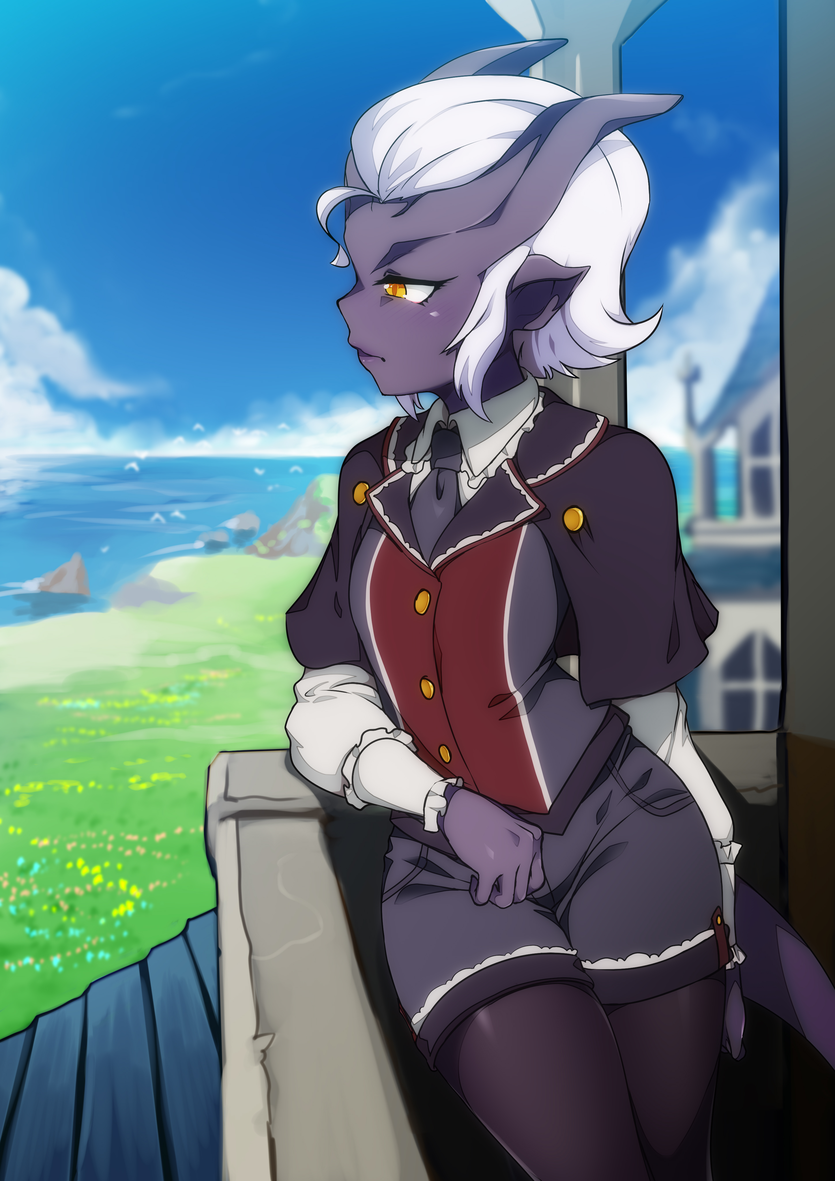 breasts, dungeons and dragons, female, jcm2, purple skin, scenery, tiefling, vigil nightwarden