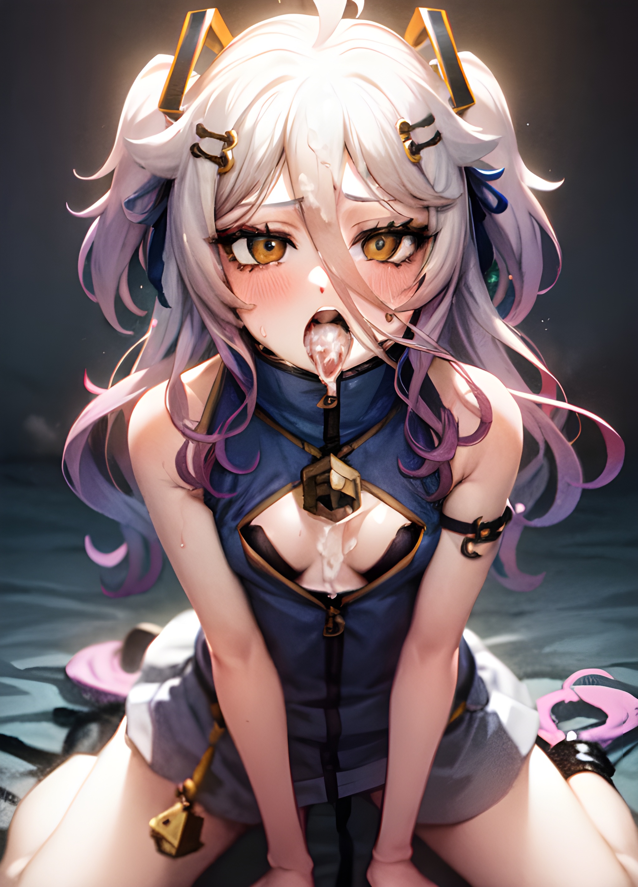 ai generated, blush, boob window, breasts, cleavage, cum, cum in mouth, cum on breasts, female, henya the genius, kneeling, open mouth, small breasts, stable diffusion, tongue, tongue out, virtual youtuber, vshojo, vtuber, yellow eyes