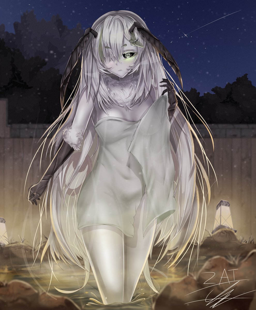 antennae arthropod black_sclera green_eyes indie_virtual_youtuber insect_girl juniper_(egocider) juniper_actias long_hair moth moth_girl moth_wings onsen tagme towel virtual_youtuber white_skin wings