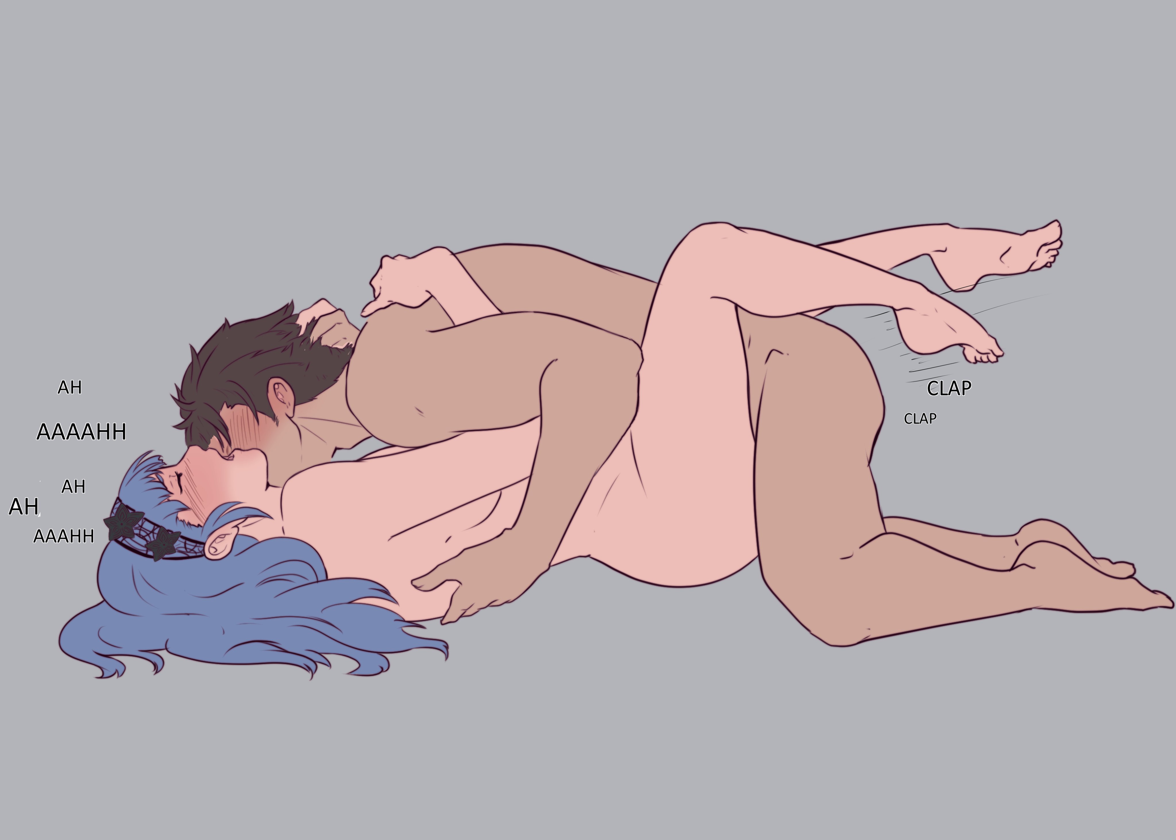 1boy, 1girls, 2023, absurdres, alternate hairstyle, blue hair, blush, brown hair, claude von riegan, closed eyes, dark skin, dark-skinned male, female, fire emblem, fire emblem warriors: three hopes, fire emblem: three houses, grey background, hair ornament, hairband, highres, light skin, light-skinned female, male, marianne von edmund, nintendo, nude, nude female, nude male, official alternate hairstyle, open mouth, passionate, plain background, pussy, roxe, sex, sound effects, straight, vaginal penetration