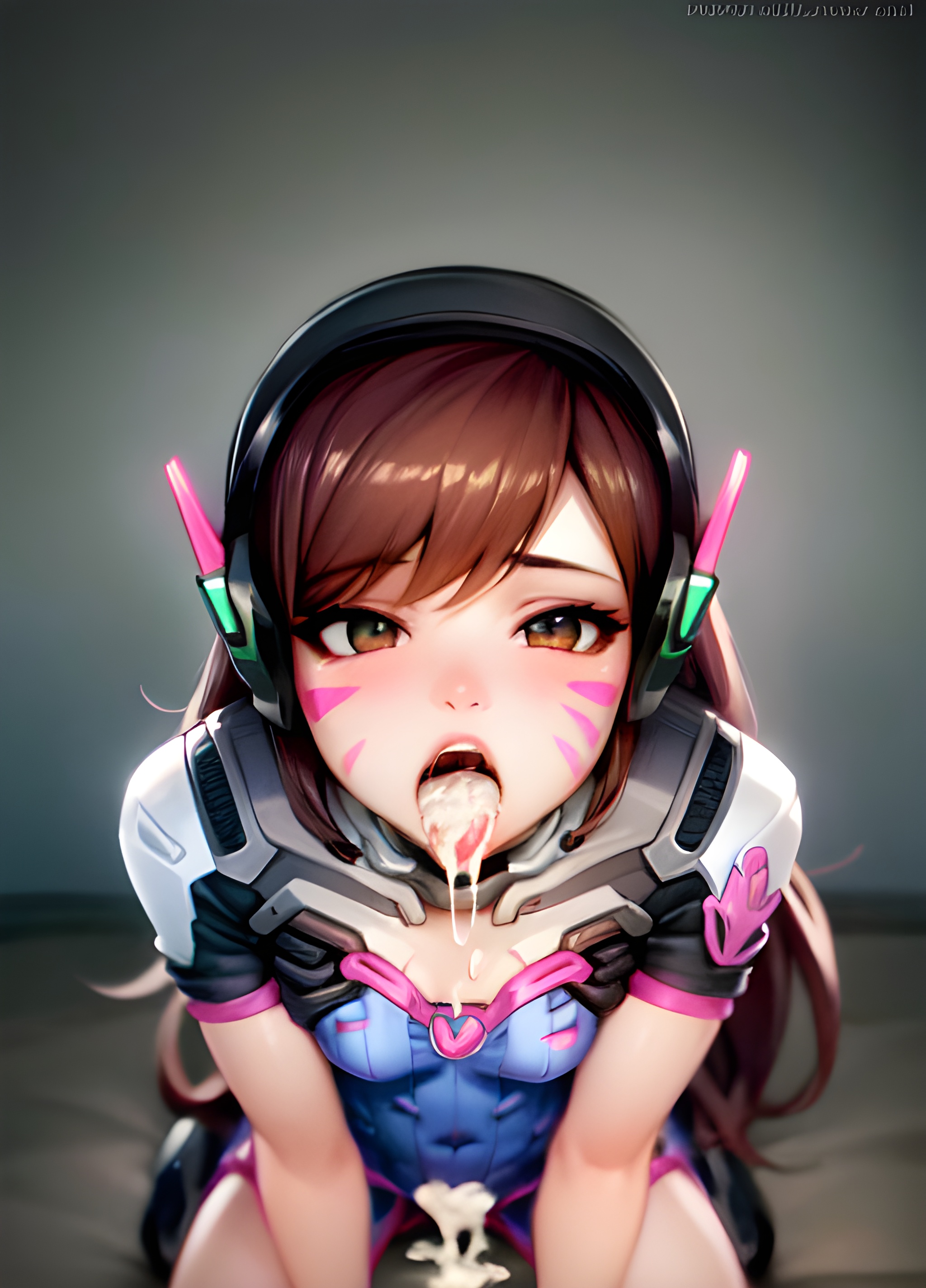 ai generated, blizzard entertainment, blush, bodysuit, breasts, cleavage, cum, cum in mouth, cum on breasts, d.va, female, kneeling, open mouth, overwatch, small breasts, stable diffusion, tongue, tongue out