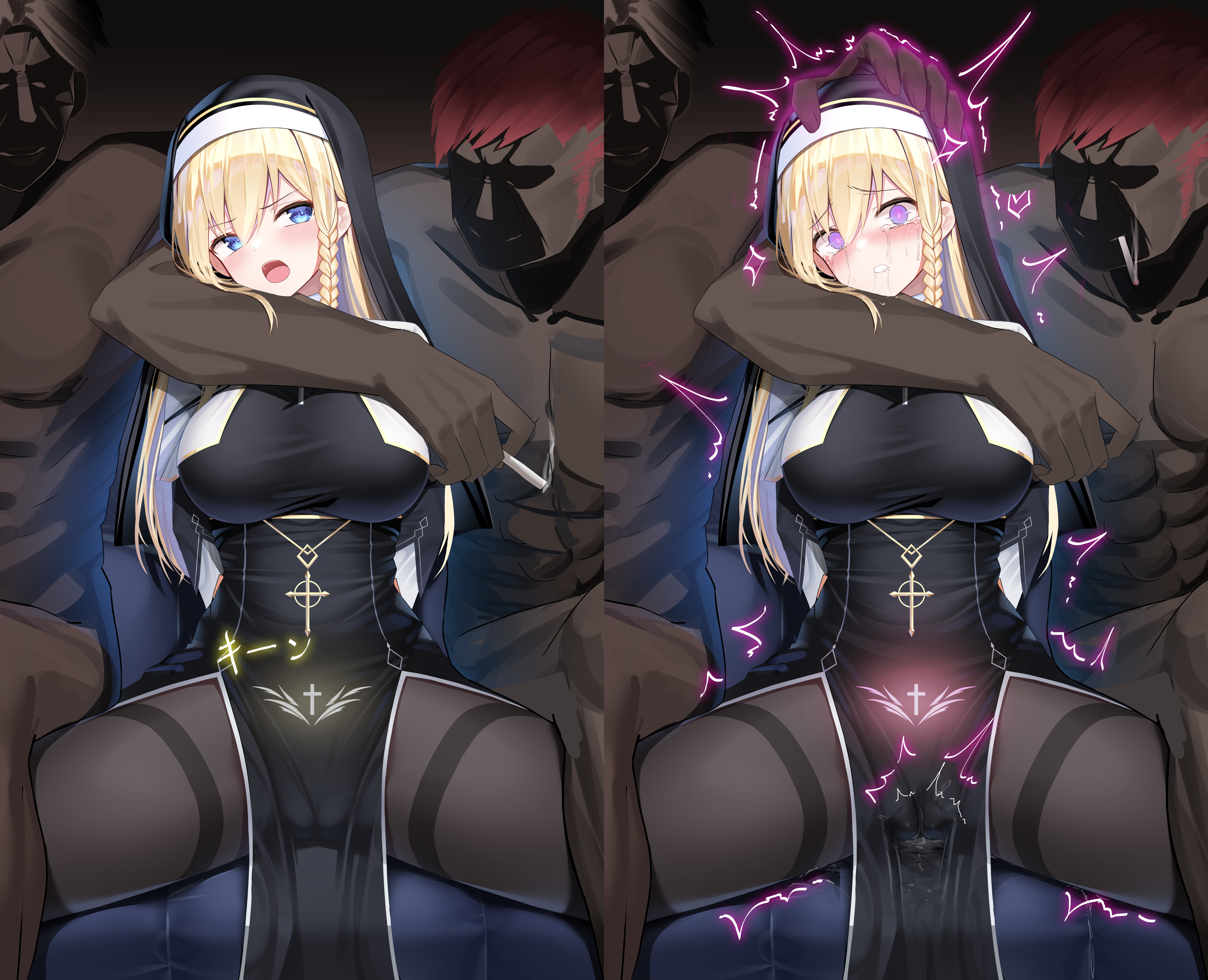 1girls, 2boys, arms behind back, big breasts, blonde hair, blue eyes, braid, brainwashing, breasts, corruption, crying, cum, cumming, dark skin, dark-skinned male, drooling, empty eyes, female, femsub, glowing eyes, glowing tattoo, hand on head, head grab, instant loss 2koma, kurotobi rarumu, large breasts, male, mind control, nichita777, nun, nun hat, nun outfit, original, pubic tattoo, purple eyes, pussy, pussy juice, pussy juice drip, red eyes, shaking, wet pussy