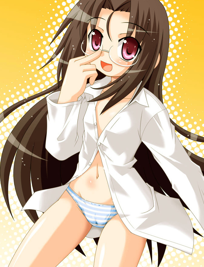 black_hair brown_hair glasses hino_hino long_hair lucky_star no_pants panties red_eyes shimapan shirt striped striped_panties tamura_hiyori unbuttoned underwear