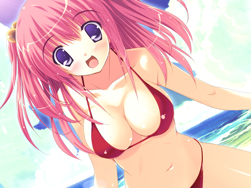 1girls amane_sou bikini blush breasts cg cleavage cloud day eroge game_cg himemiya_arisu large_breasts ocean pastel_(game) pink_hair purple_eyes red_bikini siesta_(eroge_studio) sky smile solo swimsuit twintails