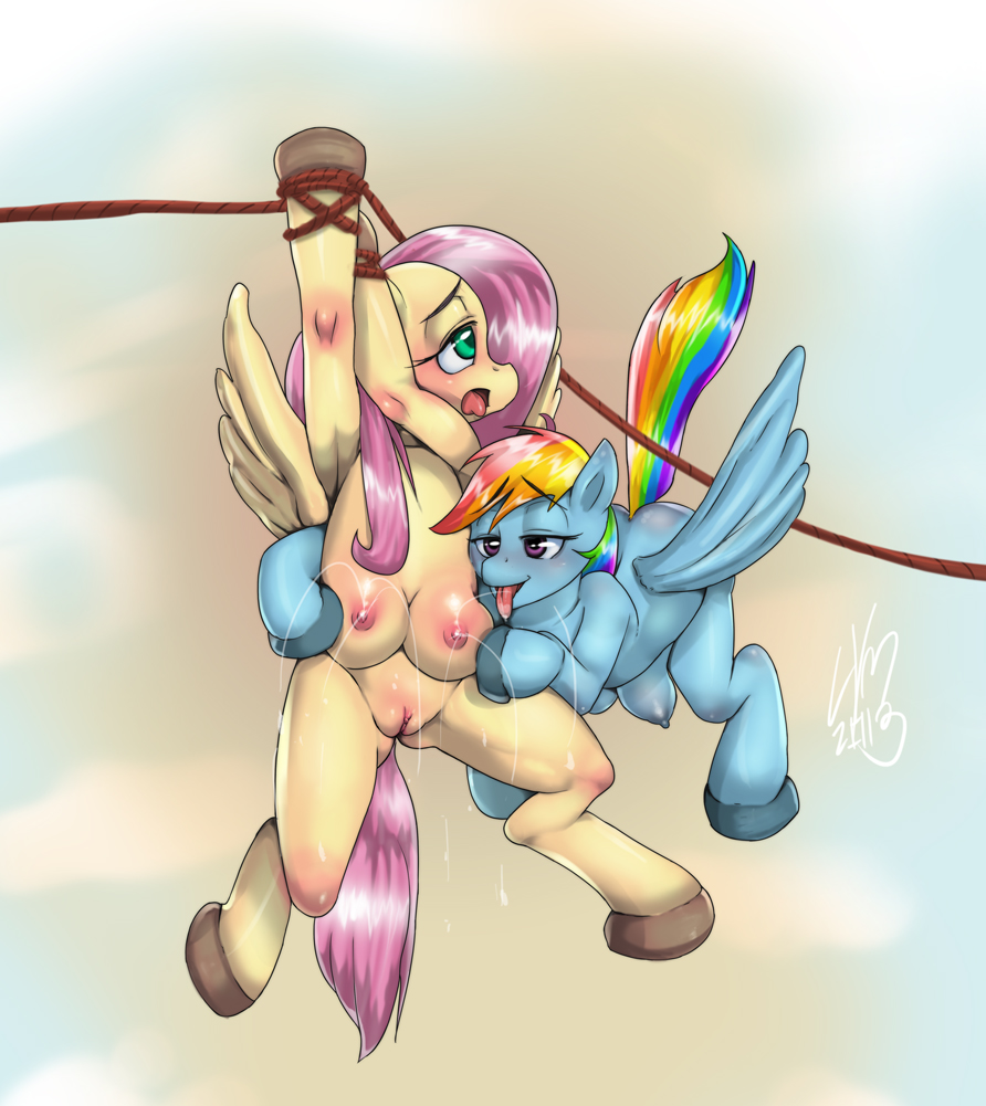 blue_fur bondage c-v-m crotchboob crotchboobs female fluttershy_(mlp) friendship_is_magic furry green_eyes hair hooves lactation milk multicolored_hair my_little_pony nipples pink_hair purple_eyes purple_fur pussy rainbow_dash_(mlp) rainbow_hair smooth_skin yellow_fur yuri