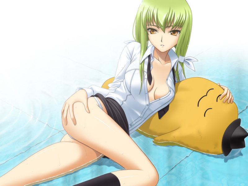 c.c. cheese-kun code_geass green_hair open_clothes open_shirt pizza_hut shirt thighs water