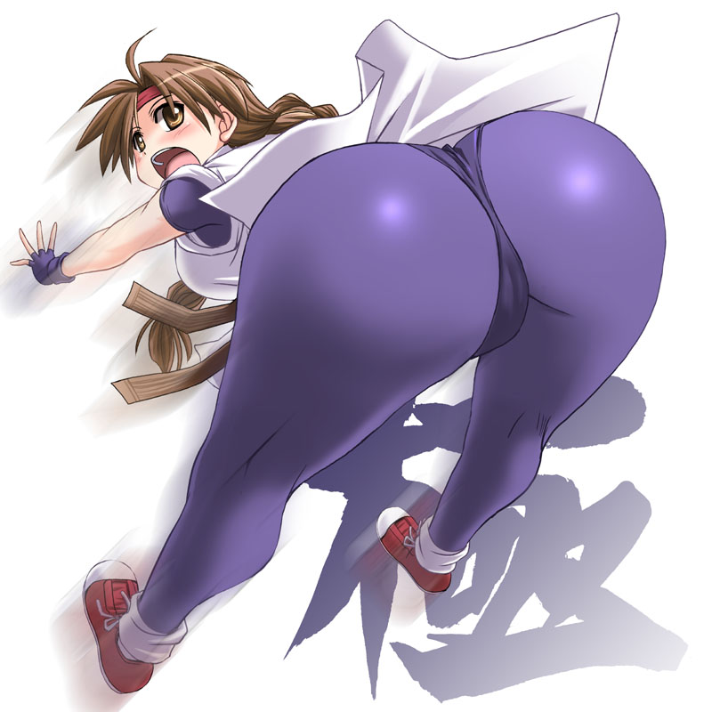 art of fighting, ass, breasts, brown hair, female, fingerless gloves, huge ass, king of fighters, looking back, panties, sneakers, snk, tights, yuri sakazaki