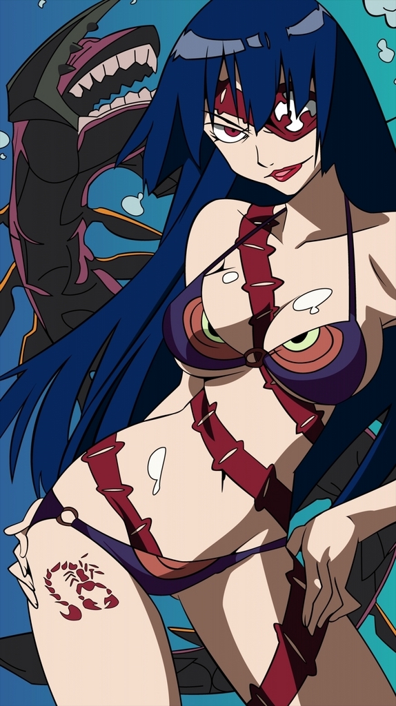 adiane bikini blue_hair cap collarbone collarbones eye_patch gainax lipstick long_hair makeup mizugi scorpion_tail screencap swimsuit tail tattoo tengen_toppa_gurren-lagann tengen_toppa_gurren_lagann vector_trace