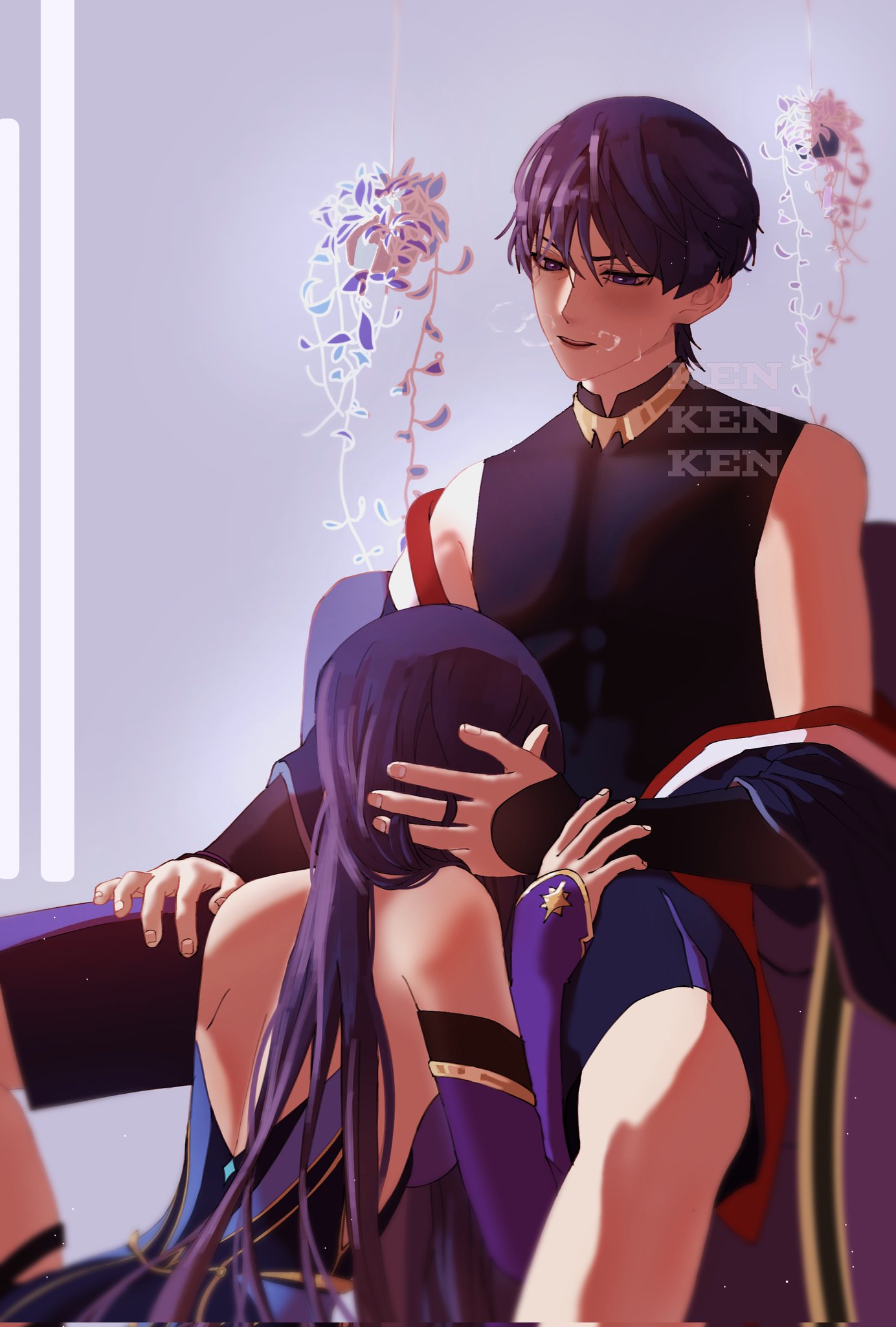 1boy, 1girls, female, genshin impact, hand in hair, hand on head, implied fellatio, implied oral, long hair, male, male/female, maledom, mona (genshin impact), moriko ken11, oral, oral sex, scaramouche (genshin impact), visible breath