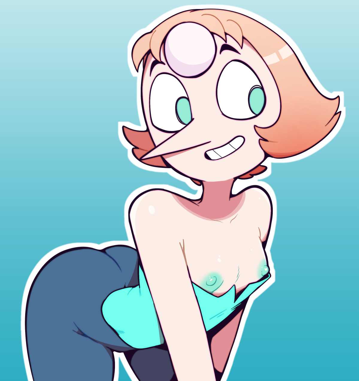 1girls, 2023, alien, alien girl, alien humanoid, all fours, arched back, areolae, ass, big ass, blue background, blue eyes, blue nipples, bottom heavy, bottomwear, breasts, breasts out, cartoon network, clothed, clothed female, clothes, clothing, exposed breasts, female, front view, gem (species), green eyes, grin, hair, happy, humanoid, jeans, kneeling, large ass, light skin, light-skinned female, looking away, lurkin, lurkinpanda, nipple slip, nipples, pale skin, pale-skinned female, pants, pearl (steven universe), pink hair, pointy nose, pose, posing, presenting, presenting breasts, shirt, shirt down, short hair, simple background, small breasts, smile, smiling, solo, steven universe, teeth, thick thighs, thighs, topwear, wide hips