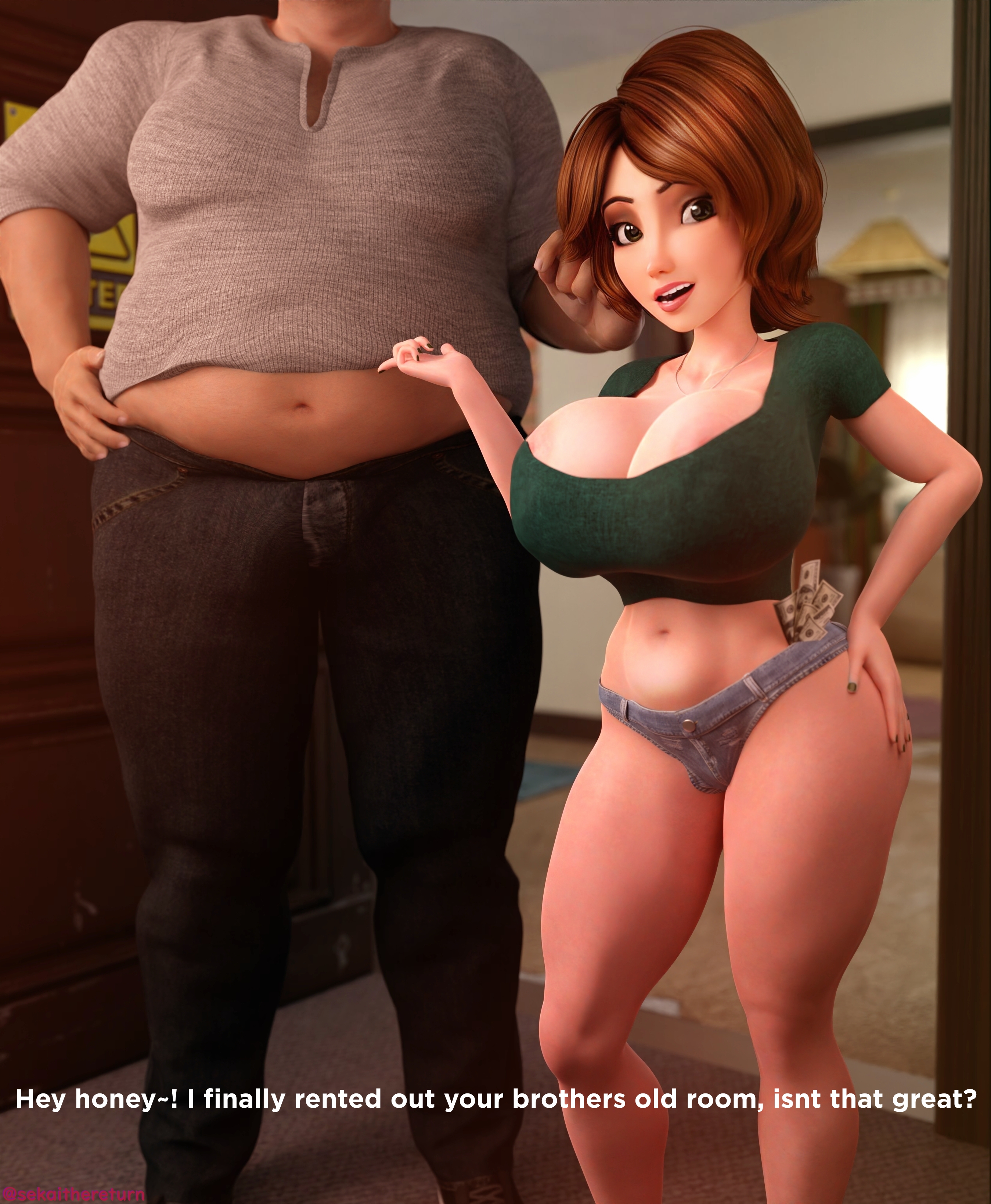 3d, aunt cass, big hero 6, breasts, brunette, bursting breasts, busty, cass hamada, cuckold, fat male, female, large breasts, male, marvel, marvel comics, sekaithereturn, smaller female