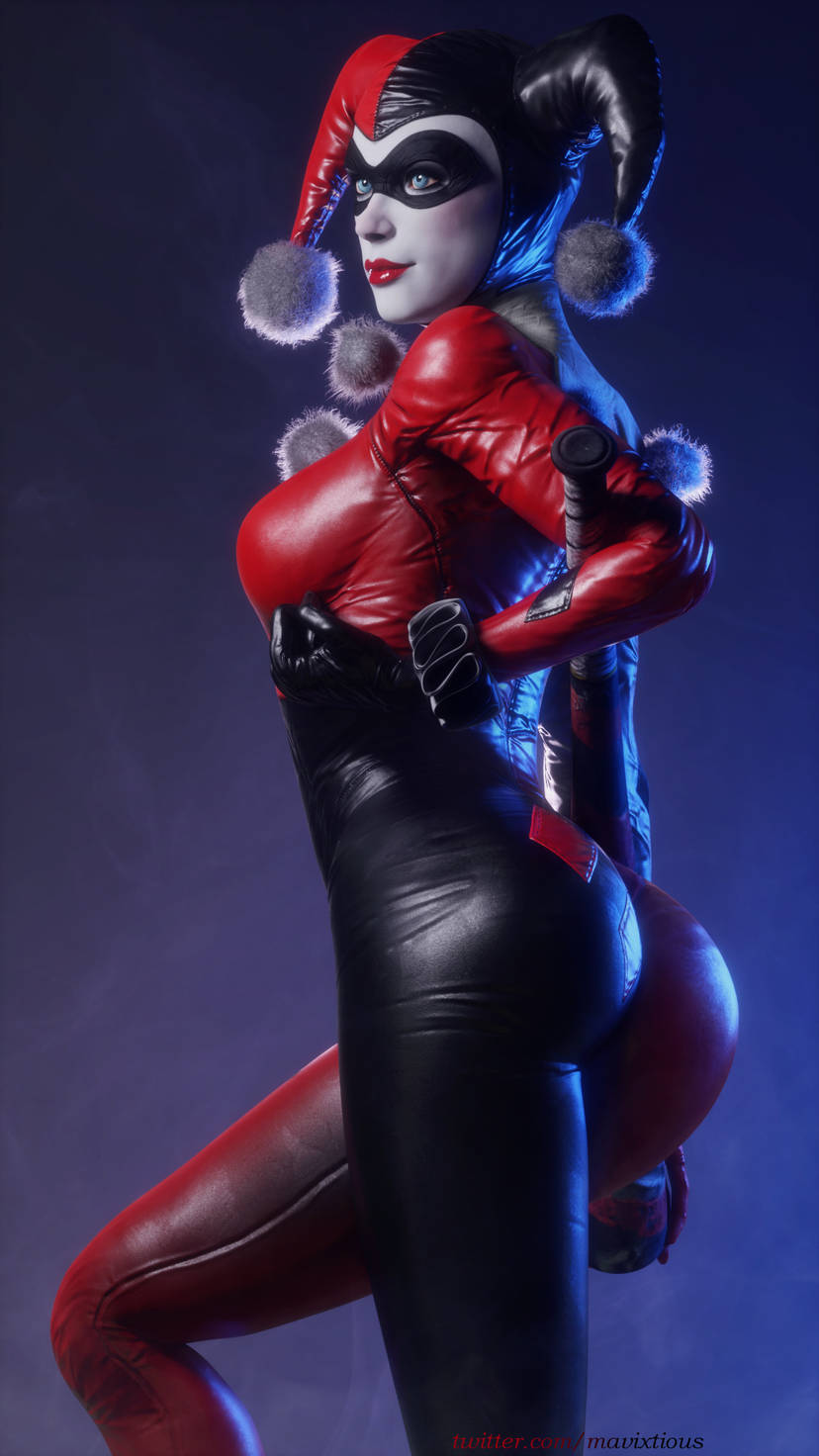 1girls 3d artist_name ass baseball_bat batman:_arkham_knight batman_(series) blue_eyes bodysuit dc dc_comics female female_only harley_quinn harley_quinn_(arkham) harley_quinn_(arkham_knight) harley_quinn_(classic) jester_cowl mavixtious solo tagme