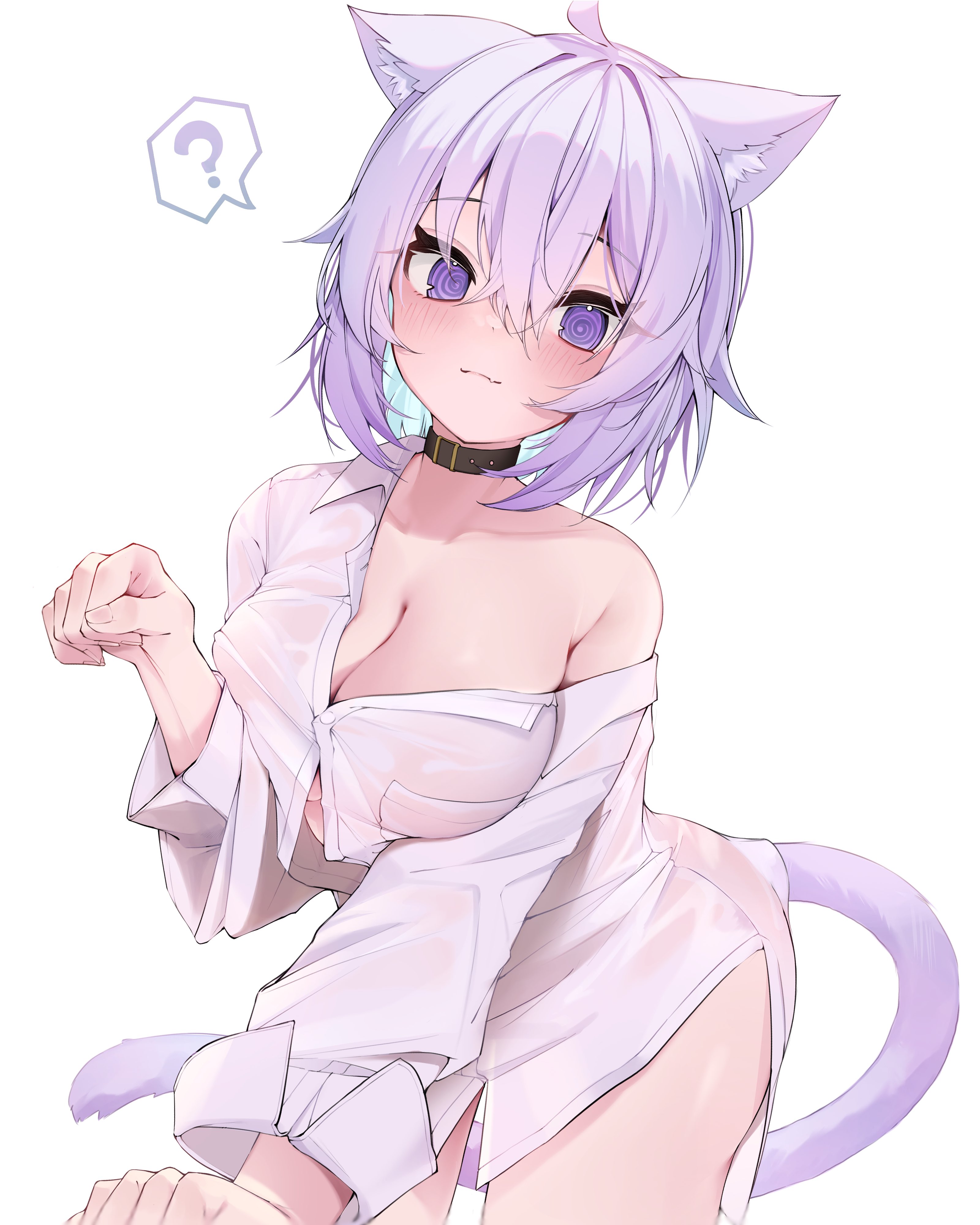 ?, 1girls, animal ears, animal tail, big breasts, blush, breasts, cat ears, cat girl, cat tail, catgirl, collar, female, hololive, hololive gamers, hololive japan, light skin, light-skinned female, looking at viewer, nekomata okayu, purple eyes, purple hair, reineko, reineko6, simple background, solo, solo female, tagme, tail, virtual youtuber, white background, white shirt