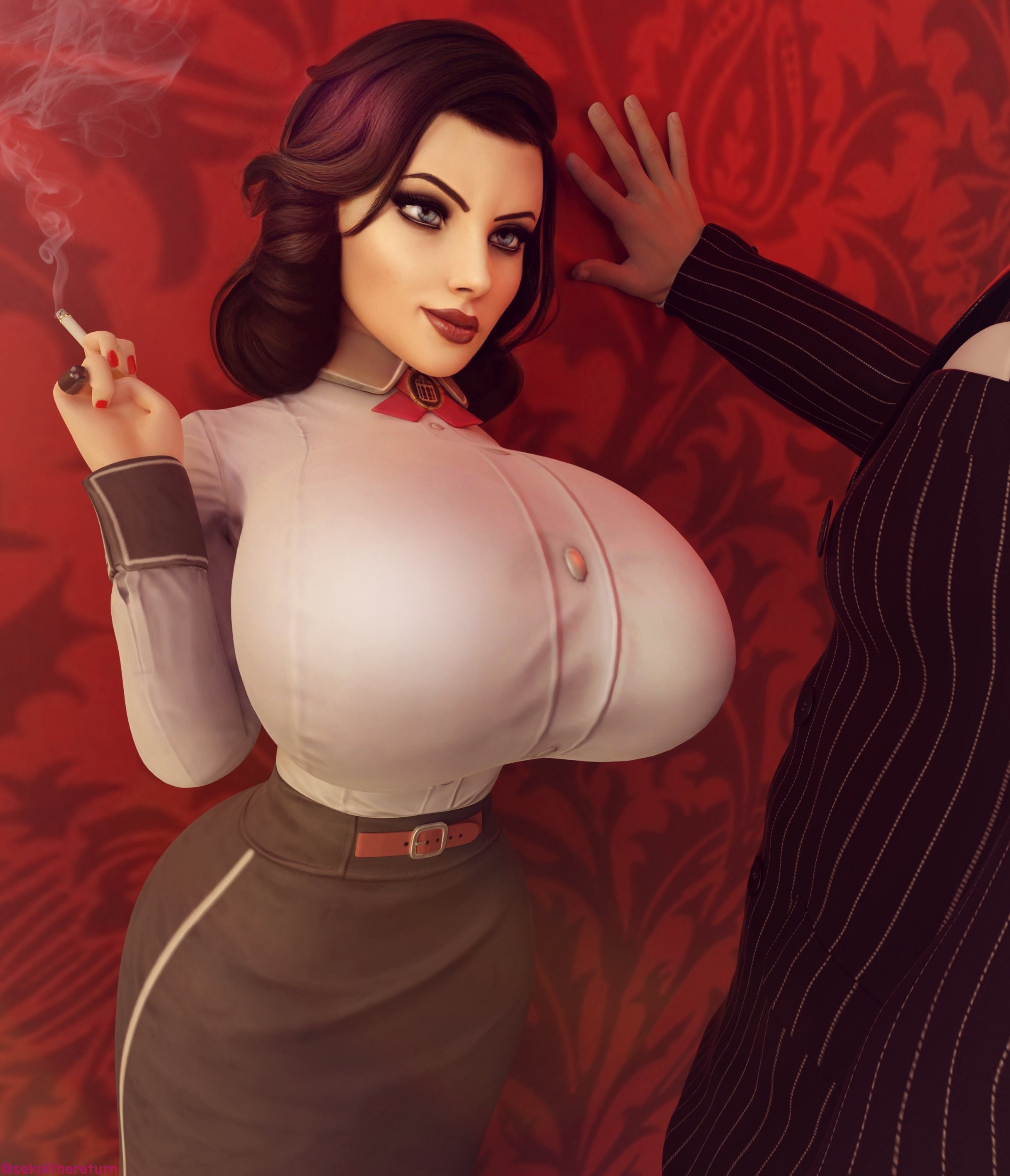1boy, 1girls, 3d, big breasts, bioshock, bioshock infinite, black hair, blue eyes, breasts, burial at sea, busty, cigarette, clothing, elizabeth comstock, elizabeth comstock (burial at sea), female, female focus, hourglass figure, huge breasts, large breasts, light skin, light-skinned female, light-skinned male, lipstick, long hair, makeup, male, pale skin, pale-skinned female, partial male, sekaithereturn, shirt, skirt, tagme, wide hips