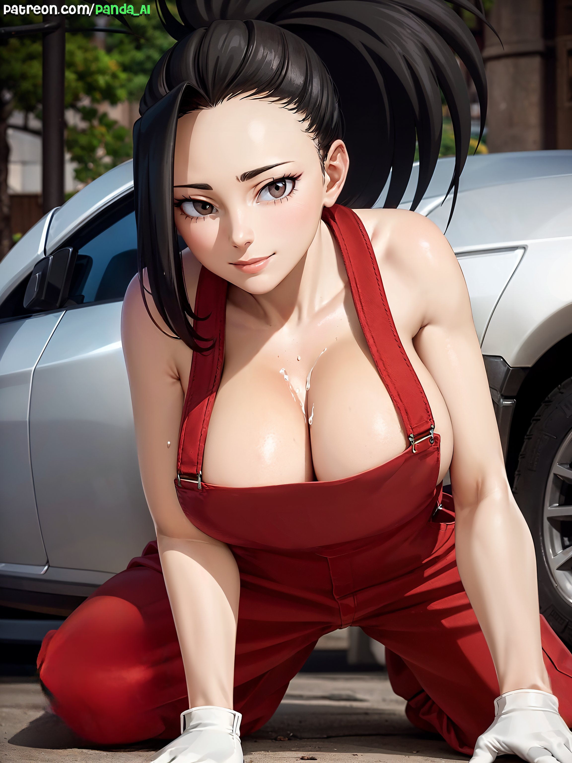 1girls, ai generated, black hair, breasts, car, cleavage, female, hi res, large breasts, light skin, light-skinned female, long hair, mechanic, momo yaoyorozu, my hero academia, outdoors, overalls, panda ai, ponytail, stable diffusion, sweat, sweaty body