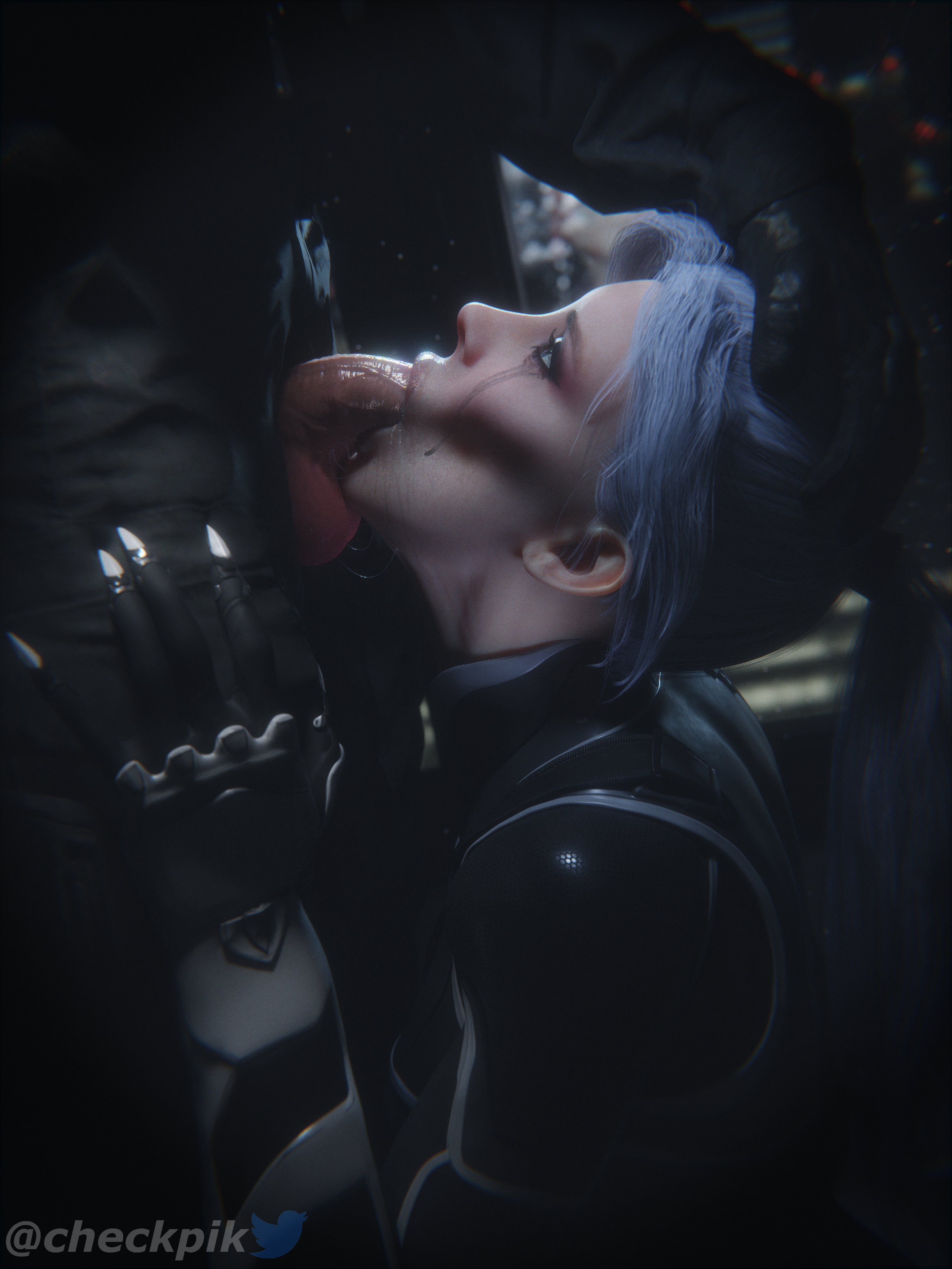 1boy, 1girls, 3d, balls, ballsack, big penis, black cat (insomniac), black cat (marvel), black gloves, blowjob, checkpik, clothed, clothed female, clothed male, deepthroat, felicia hardy, fellatio, female, gloves, head grab, holding head, kneeling, looking at partner, looking up, male, marvel, marvel comics, oral, oral penetration, oral sex, penis, ruined makeup, scrotum, snap my choker, spider-man (ps4), spider-man (series), superheroine, swallowing penis while deepthroat, veiny penis, watermark, white hair