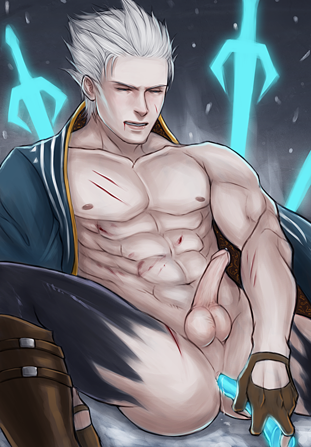 1boy devil_may_cry devil_may_cry_3 insertion knife knife_insertion male_only male_penetrated masturbating masturbation object_insertion scar_on_chest torn_clothes torn_pantyhose vergil