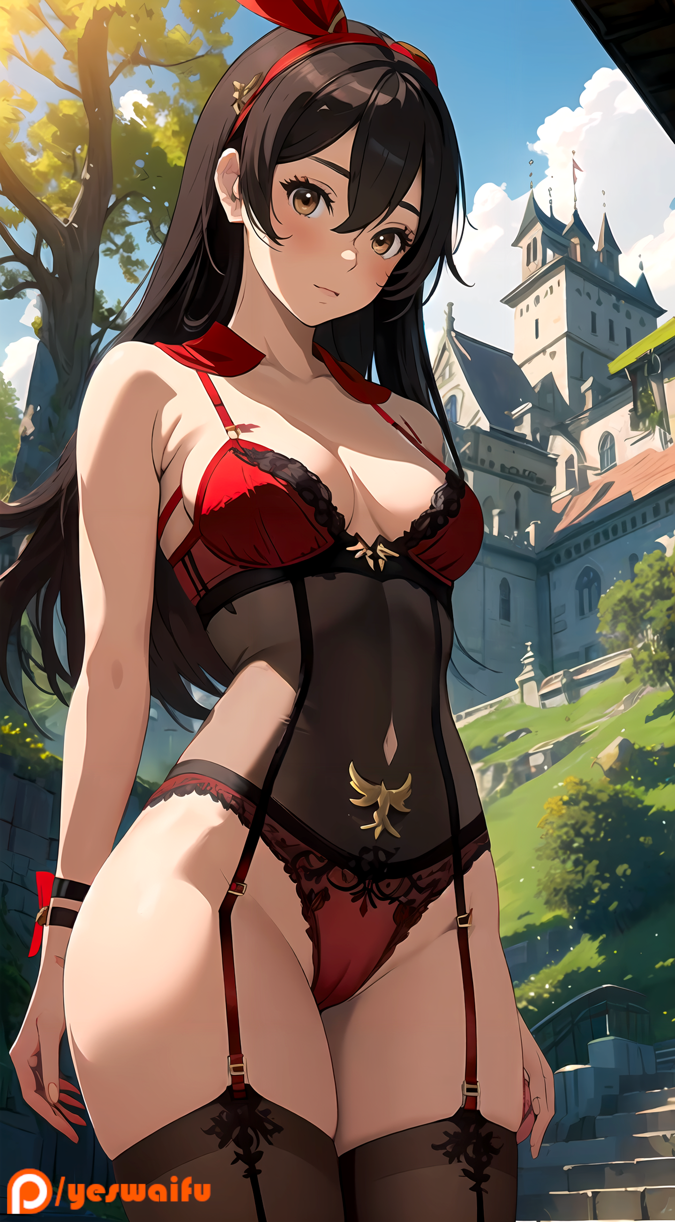 1girls, ai generated, amber (genshin impact), brown eyes, brown hair, cameltoe, castle, female, genshin impact, lingerie, looking at viewer, pussy, shy, tagme, yeswaifu