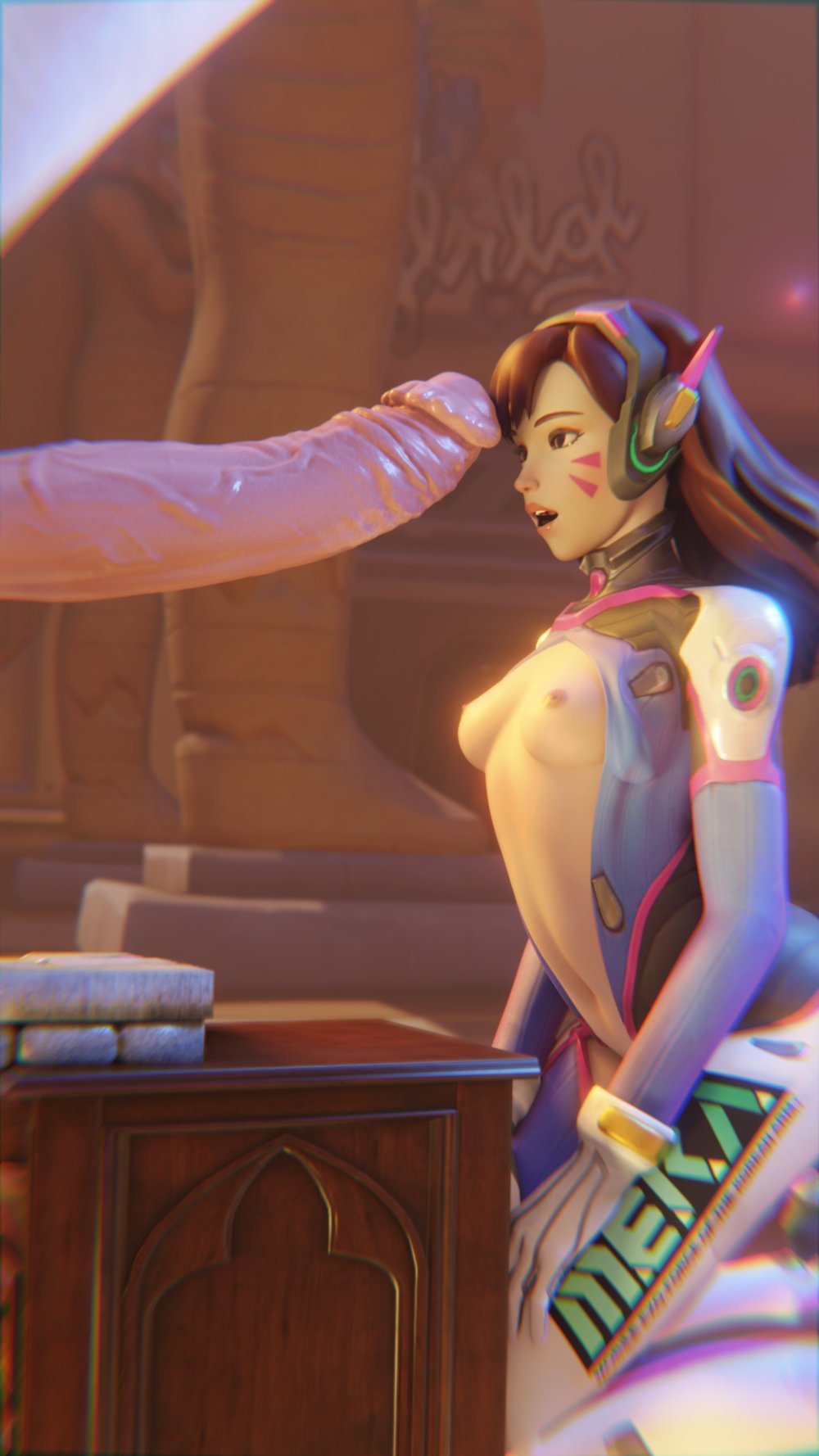 3d, big penis, breasts, d.va, female, horse, horsecock, image, looking at partner, looking pleasured, louismontanax, love, lovers, male, overwatch, penis, small breasts, smaller female, zoophilia