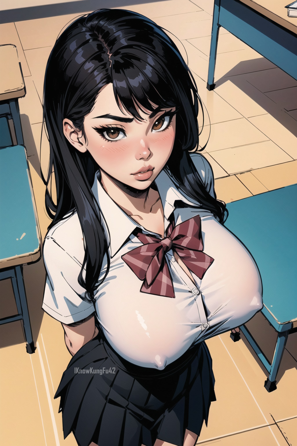 1girls, ai generated, artist name, asian, asian female, big breasts, big lips, black hair, black skirt, blush, bowtie, breasts, brown eyes, busty, clothed, clothing, curvaceous, curvy, curvy figure, detailed background, eyelashes, female, female human, female only, hips, hourglass figure, human, iknowkungfu42, large breasts, light skin, light-skinned female, lips, long hair, looking at viewer, nipples visible through clothing, original, original character, parted lips, pink lips, school uniform, schoolgirl, seductive, seductive look, shirt, skirt, solo, thick lips, voluptuous, white shirt, wide hips, younger female