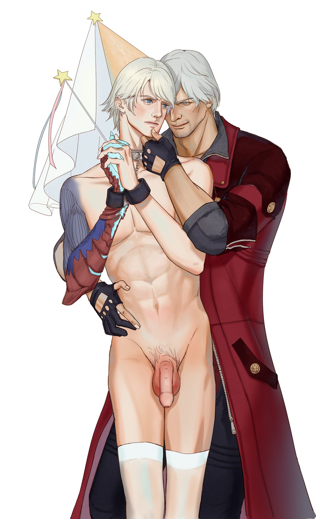 2boys clothed_male_nude_male dante daodaosh devil_may_cry devil_may_cry_4 fairy_costume femboy incest nero_(devil_may_cry) no_sex penis smile stocks uncle_and_nephew yaoi