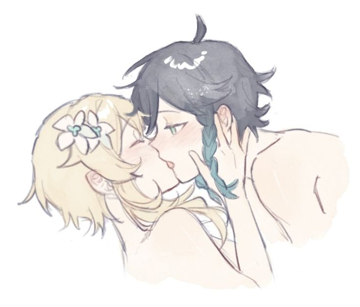 1boy, 1girls, blonde hair, braids, female, femboy on female, genshin impact, hoyoverse, implied sex, kissing, lumine (genshin impact), male, mihoyo, naked, tongue kiss, venti (genshin impact)