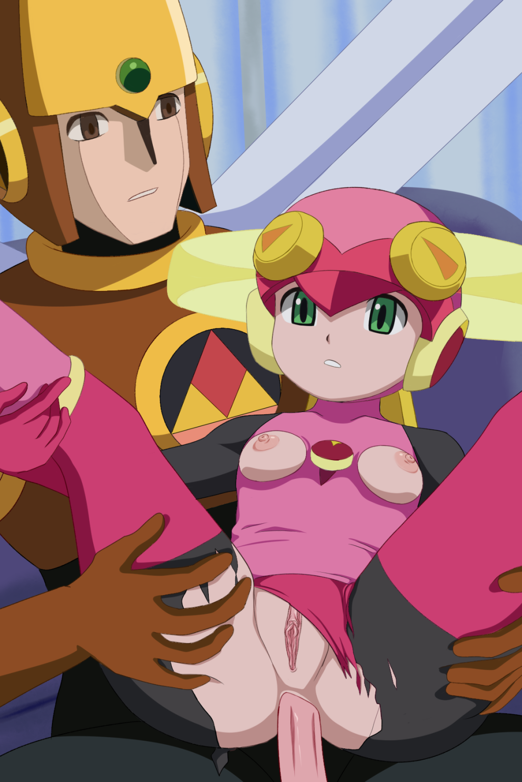 anal armor ass breasts brown_eyes capcom female frown genitals glyde green_eyes hi_res humanoid machine male male/female mega_man mega_man_battle_network nipples not_furry on_model penis pussy robot roll.exe yuya73