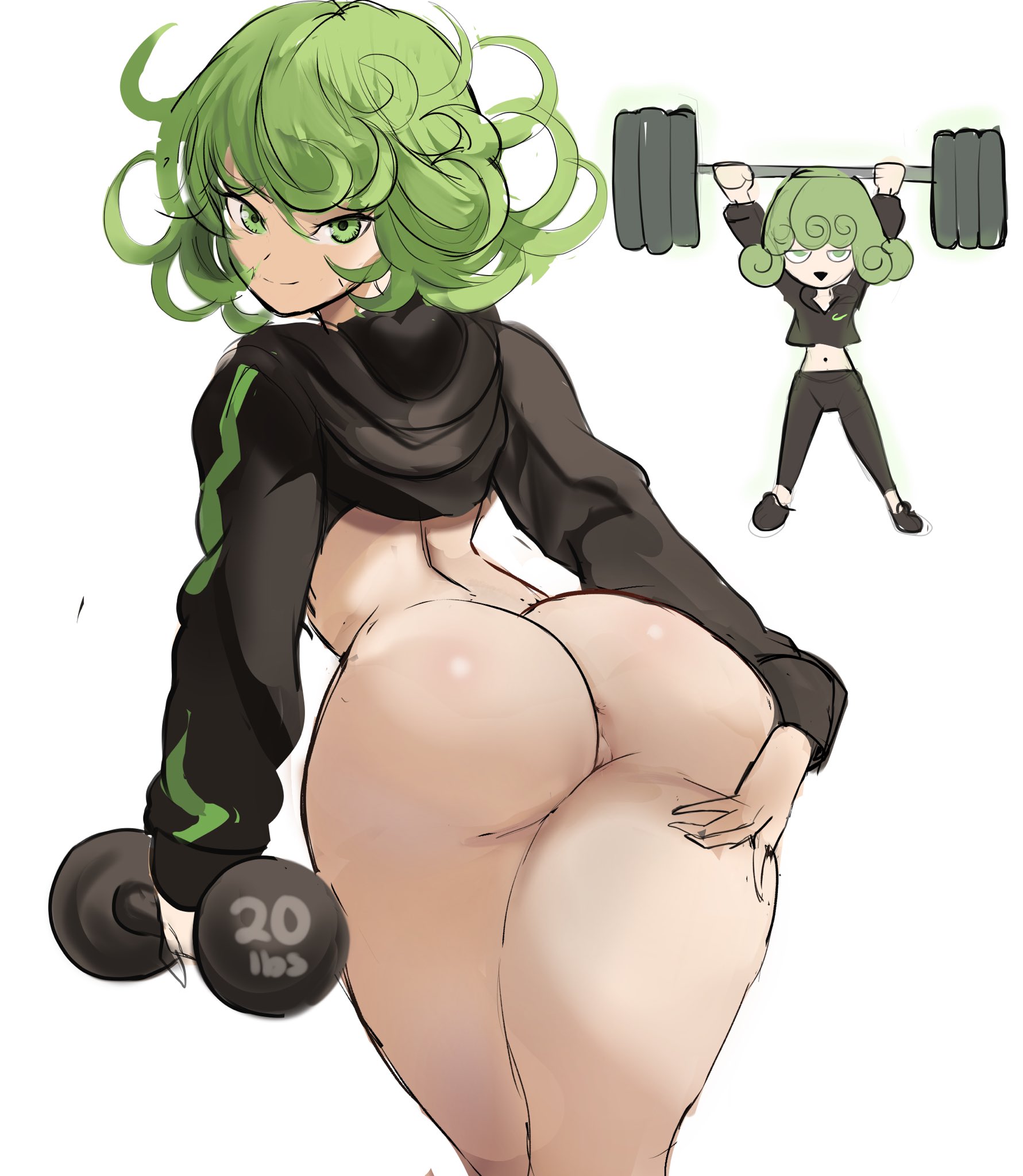 1girls, ass, ass focus, bottomless, bottomless female, breasts, female, female only, green eyes, green hair, green-haired female, large ass, one-punch man, pear shaped, pussy, rakeemspoon, short hair, small breasts, smile, solo, sportswear, tatsumaki, thighs, uncensored