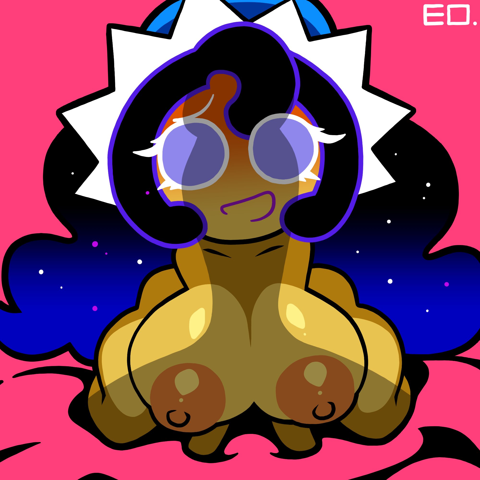 1girls, 1other, 2d, 2d (artwork), ambiguous gender, big breasts, black hair, breasts, cookie, cookie run, cookie run kingdom, cookie run ovenbreak, female, long hair, looking at penis, looking at viewer, looking up, moonlight cookie, nipples, offscreen character, penis, penis shadow, pov, tungmi9697, unseen character, very long hair, yellow skin