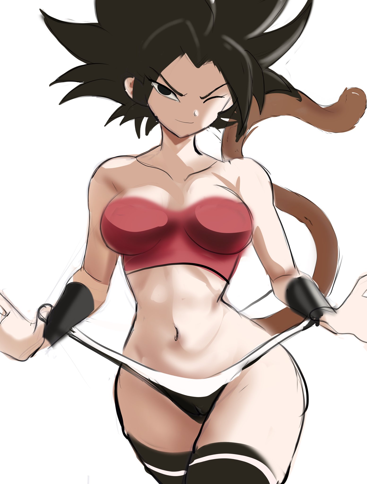1girls, black hair, bra, breasts, caulifla, dragon ball, dragon ball super, eye contact, female, female saiyan, looking at viewer, one eye closed, panties, rakeemspoon, solo, solo female, tail, thick thighs, thighhighs, universe 6/universe 7, white background