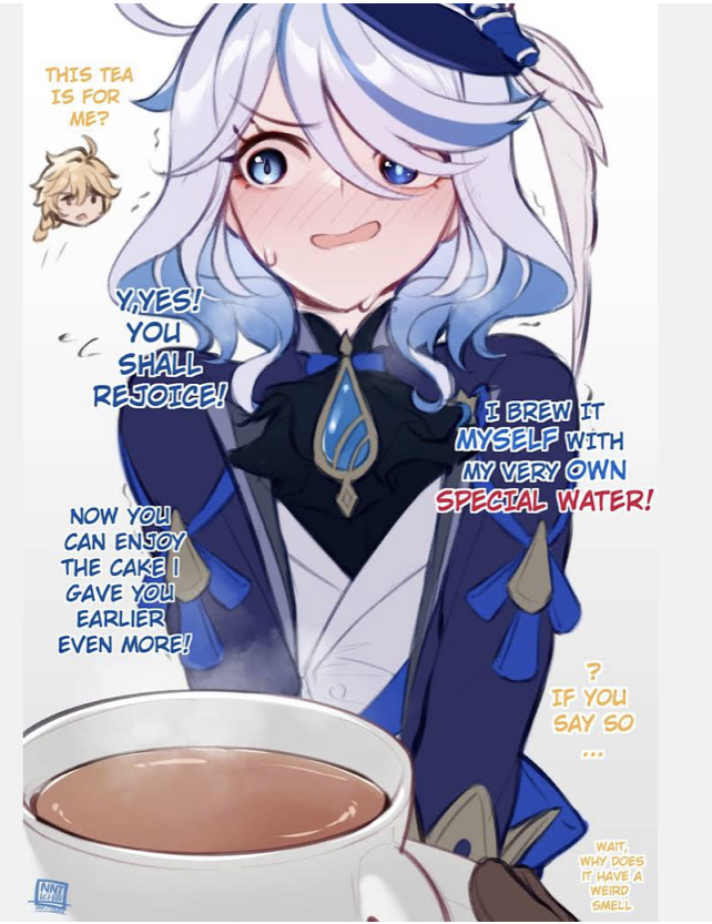 1boy, aether (genshin impact), blush, english text, female, furina (genshin impact), genshin impact, male, tea cup