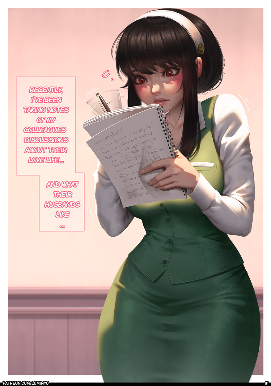 1girls, 2023, big breasts, black hair, blush, breasts, clothed female, clothing, comic, comic page, comic panel, cute, english, english text, female, female only, full lips, fully clothed, hairband, large breasts, light skin, light-skinned female, long hair, luminyu, mature female, narration, page 1, page number, questionable, red eyes, sfw, slim waist, solo, solo female, spy x family, text, text box, wide hips, writing, yor briar, yor forger, younger female