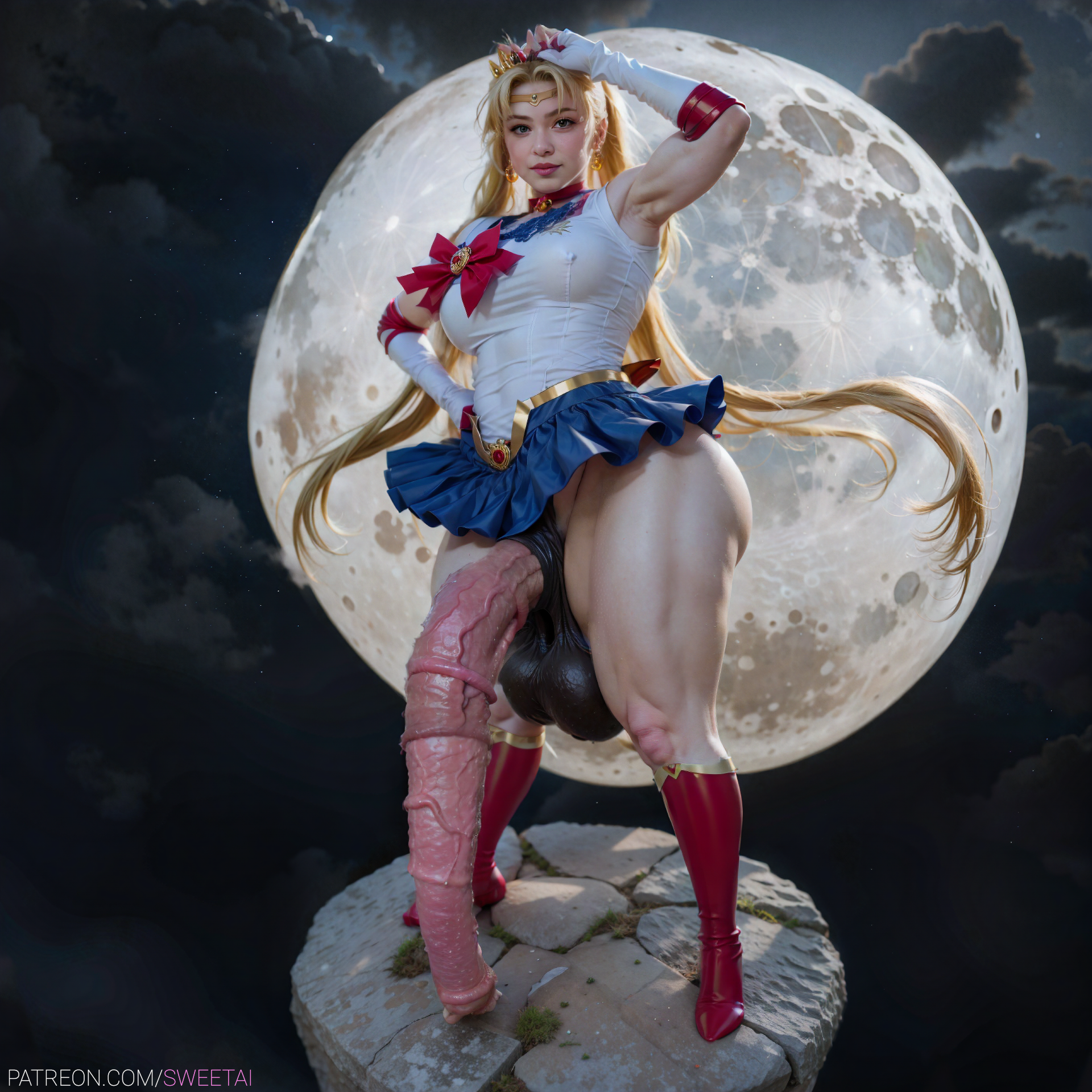 1futa, ai generated, armpits, bishoujo senshi sailor moon, blonde hair, blue eyes, boots, breasts, clothing, cosplay, double bun, elbow gloves, futanari, gloves, green eyes, heterochromia, horsecock, human with animal genitalia, human with horsecock, intersex, long hair, long legs, muscles, pale skin, pale-skinned futa, penis, sailor moon, showing armpits, skinny, skirt, small breasts, smirk, solo, solo focus, solo futa, stable diffusion, sweetai, toned, twintails, usagi tsukino, very long penis