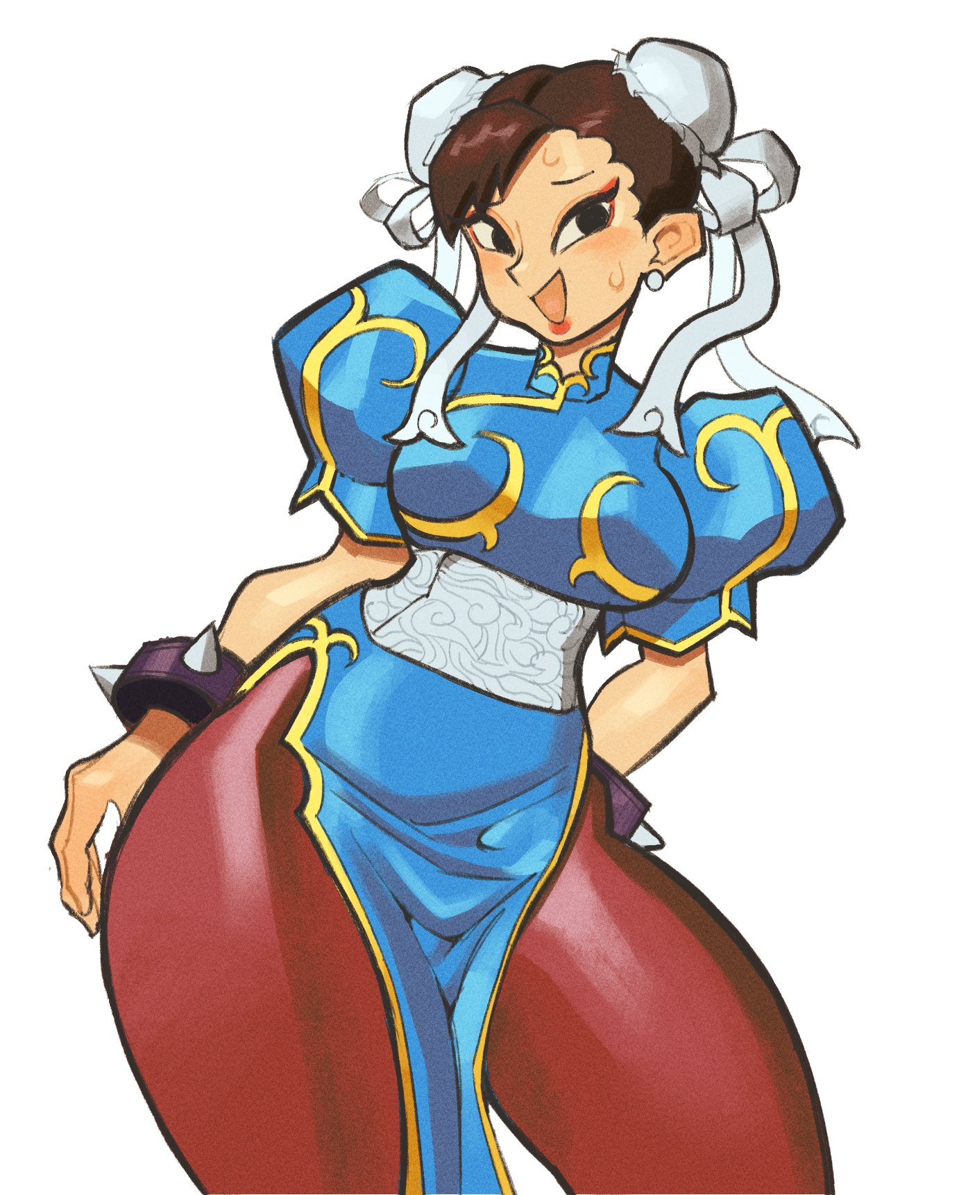 ass, blank background, brown hair, chun-li, eduedude, female, looking at viewer, pantyhose, plain background, short hair, short-haired female, street fighter, street fighter ii, sweat, sweatdrop, sweating, sweaty, thick, thick ass, thick hips, thick legs, thick thighs, white background, wrist cuff, wrist cuffs, wristband, wristwear