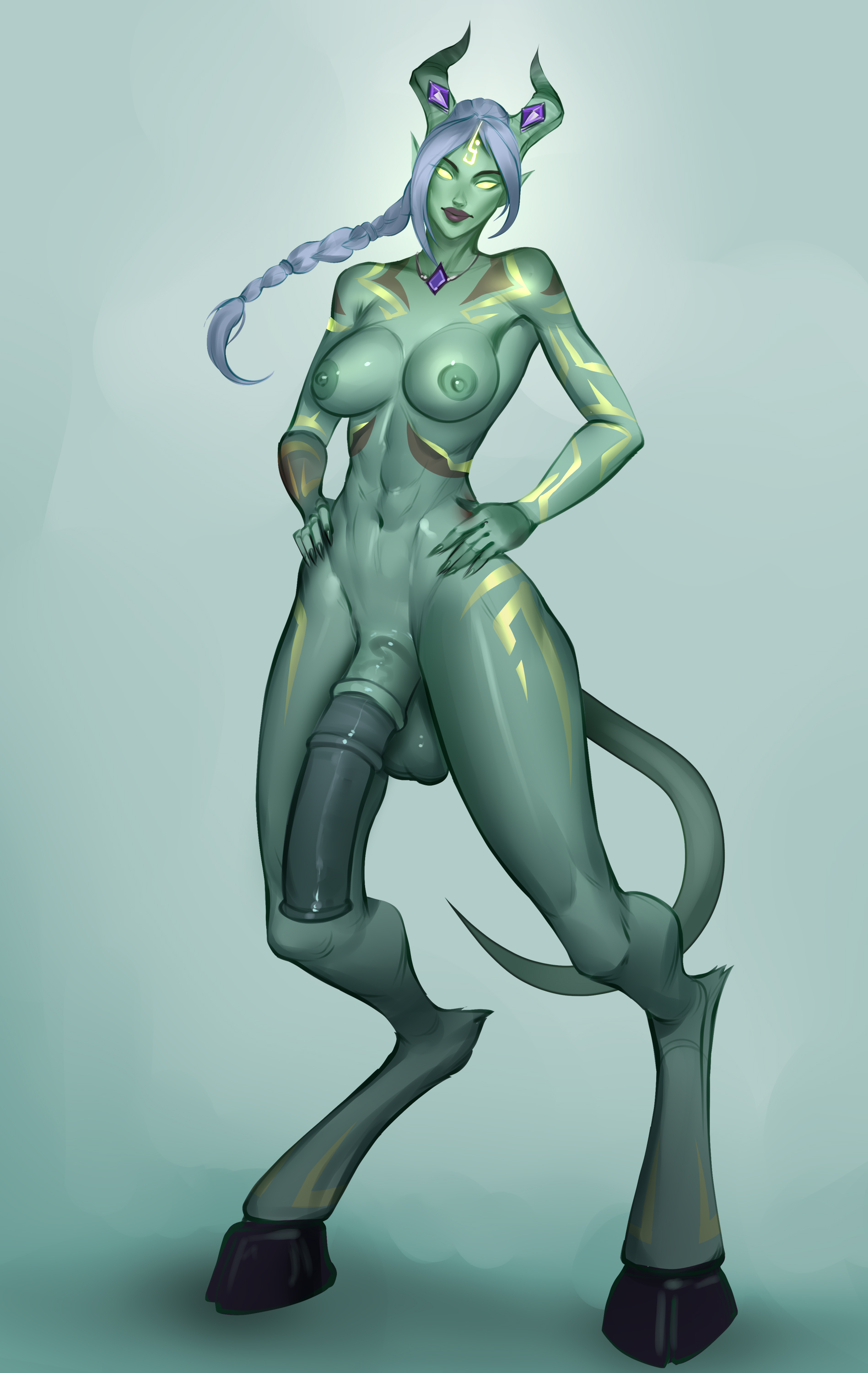 1futa, animal genitalia on humanoid, areolae, athletic, athletic futa, balls, big balls, braided ponytail, breasts, draenei, draenei futa, executephase, flaccid, full body, futa only, futanari, gold markings, green body, grey hair, hands on hips, hooves, horsecock, horsecock futa, horsecock on humanoid, huge cock, humanoid, humanoid penis, intersex, long hair, nipples, nude, nude futa, penis, penis to the knees, purple jewelry, solo, standing, warcraft, world of warcraft