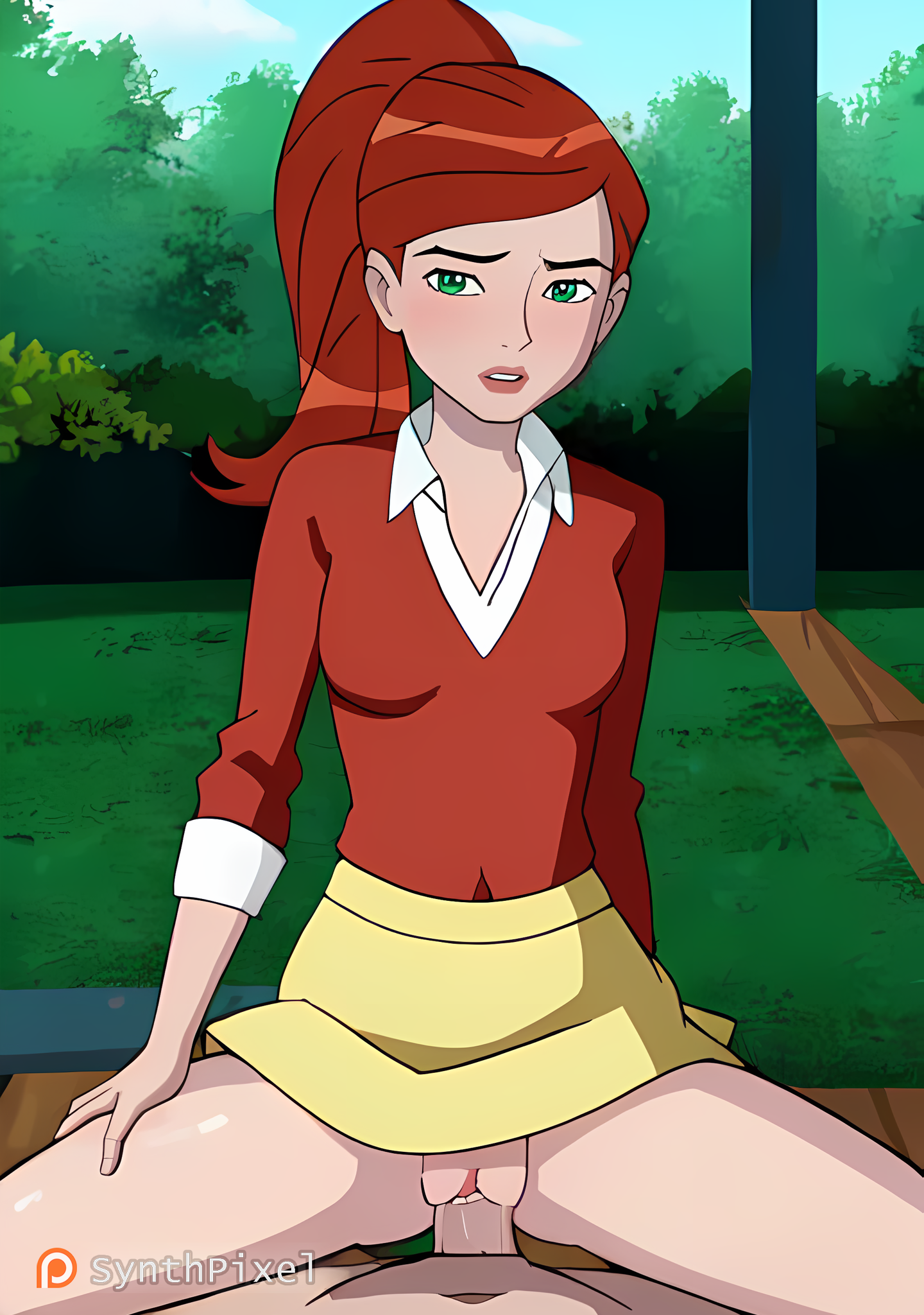 1boy, 1girls, ai generated, ben 10, ben 10 alien force, breasts, cowgirl position, cum in pussy, female, green eyes, gwen tennyson, gwen tennyson (alien force), highres, human, indoors, light skin, light-skinned female, male, partial male, penis, pov crotch, pussy, red hair, red shirt, riding penis, sex, skirt, skirt lift, stable diffusion, straight, synthpixel, vaginal penetration, vaginal sex
