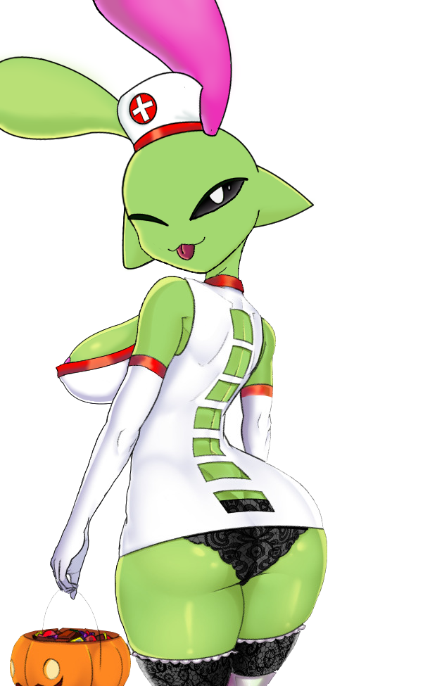 alien alien_humanoid antennae black_panties black_sclera breasts edit gloves green_body halloween lace_panties milky_way_(artist) nipple_bulge nipple_slip nurse nurse_cap nurse_uniform sploot_(unknownspy) tongue unknownspy wink