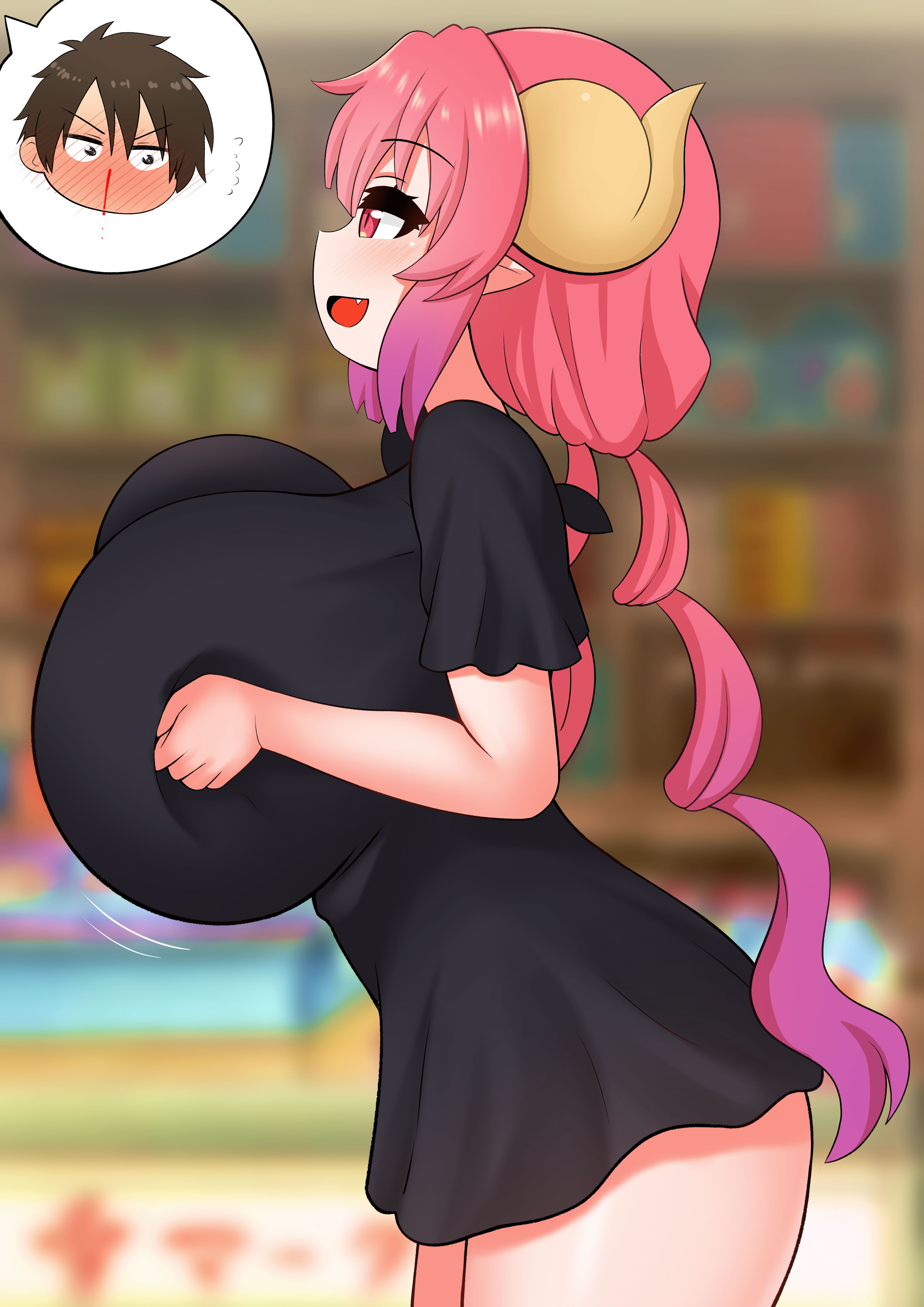 1boy, 1girls, 2023, ass, big ass, big breasts, black shirt, blush, breasts, breasts bigger than head, canine, dragon, female, gigantic breasts, horn, huge breasts, ilulu (dragon maid), large breasts, long hair, male, miss kobayashi's dragon maid, no bra, no panties, pink hair, red eyes, shirt, shortstack, smile, taketo (dragon maid), the only shoe, thick thighs, thighhighs, thighs