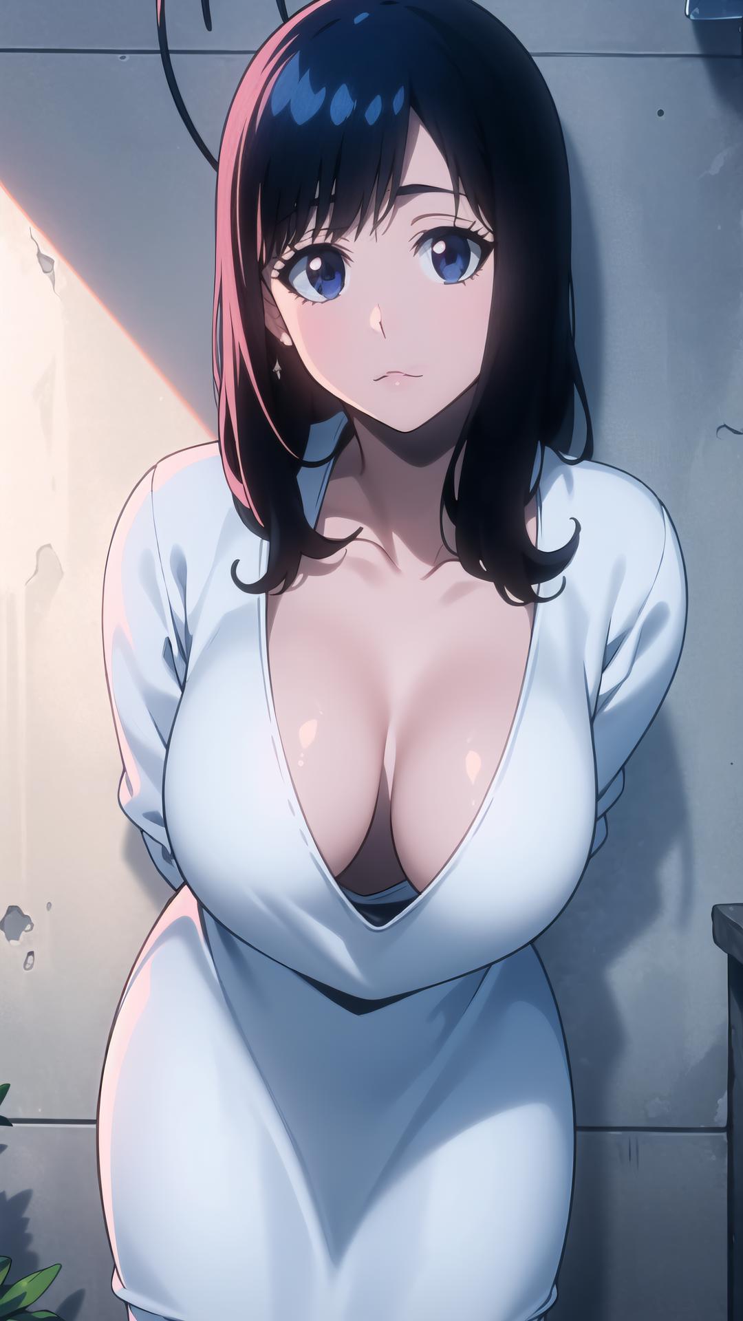 ai generated, big breasts, bleach, bleach: the thousand-year blood war, blue eyes, blush, breasts, cleavage, cute, dark hair, female, fickjay925, genderswap, genderswap (mtf), giselle gewelle, large breasts, looking at viewer, rule 63, sternritter, white dress