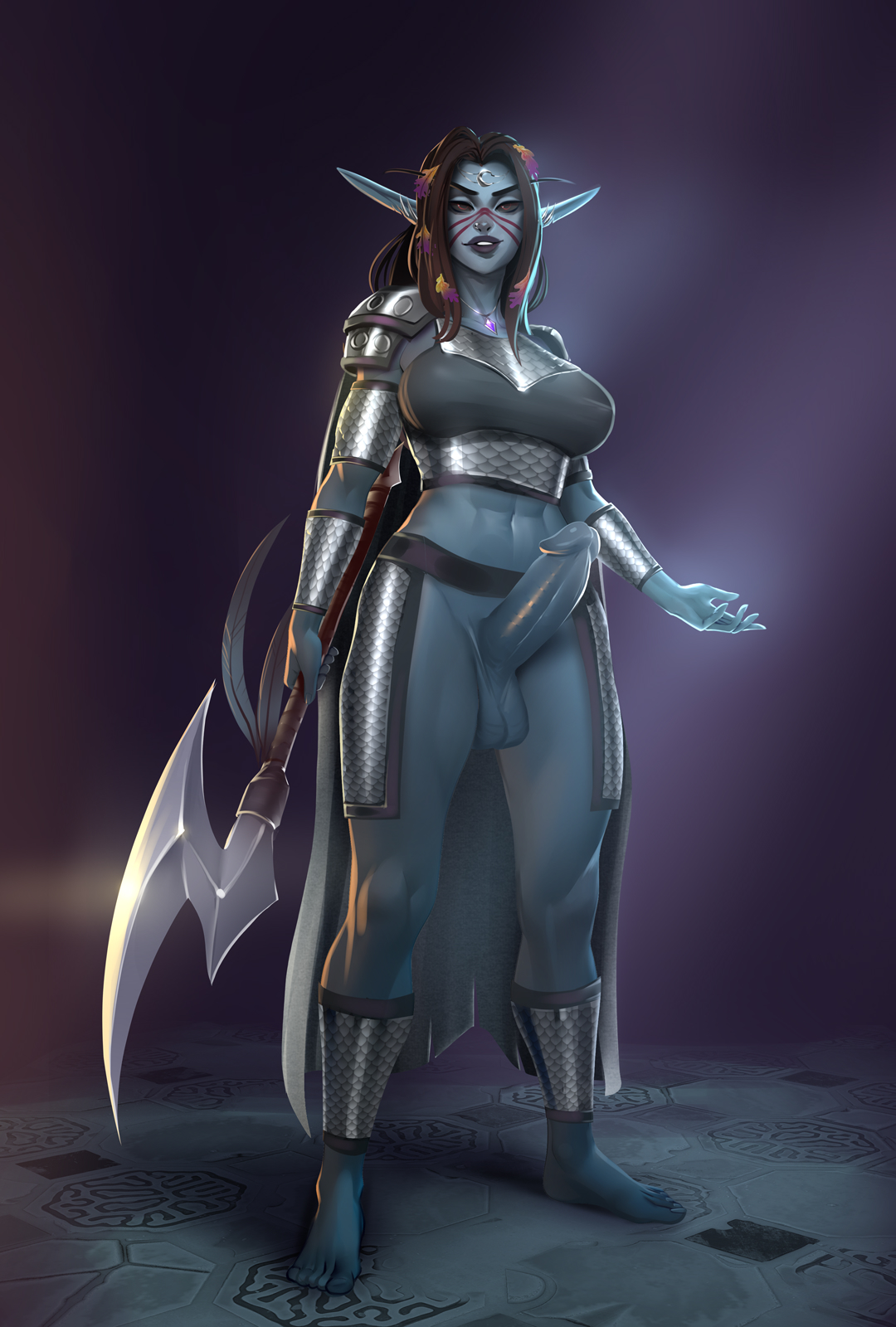 1futa, armor, balls, big breasts, big penis, black hair, blue skin, bottomless, breasts, clothed, clothing, elf, erection, executephase, full body, futa only, futanari, humanoid, humanoid penis, intersex, long ears, long hair, muscular, muscular futa, night elf, partially clothed, penis, pointy ears, smooth penis, solo, standing, warcraft, world of warcraft