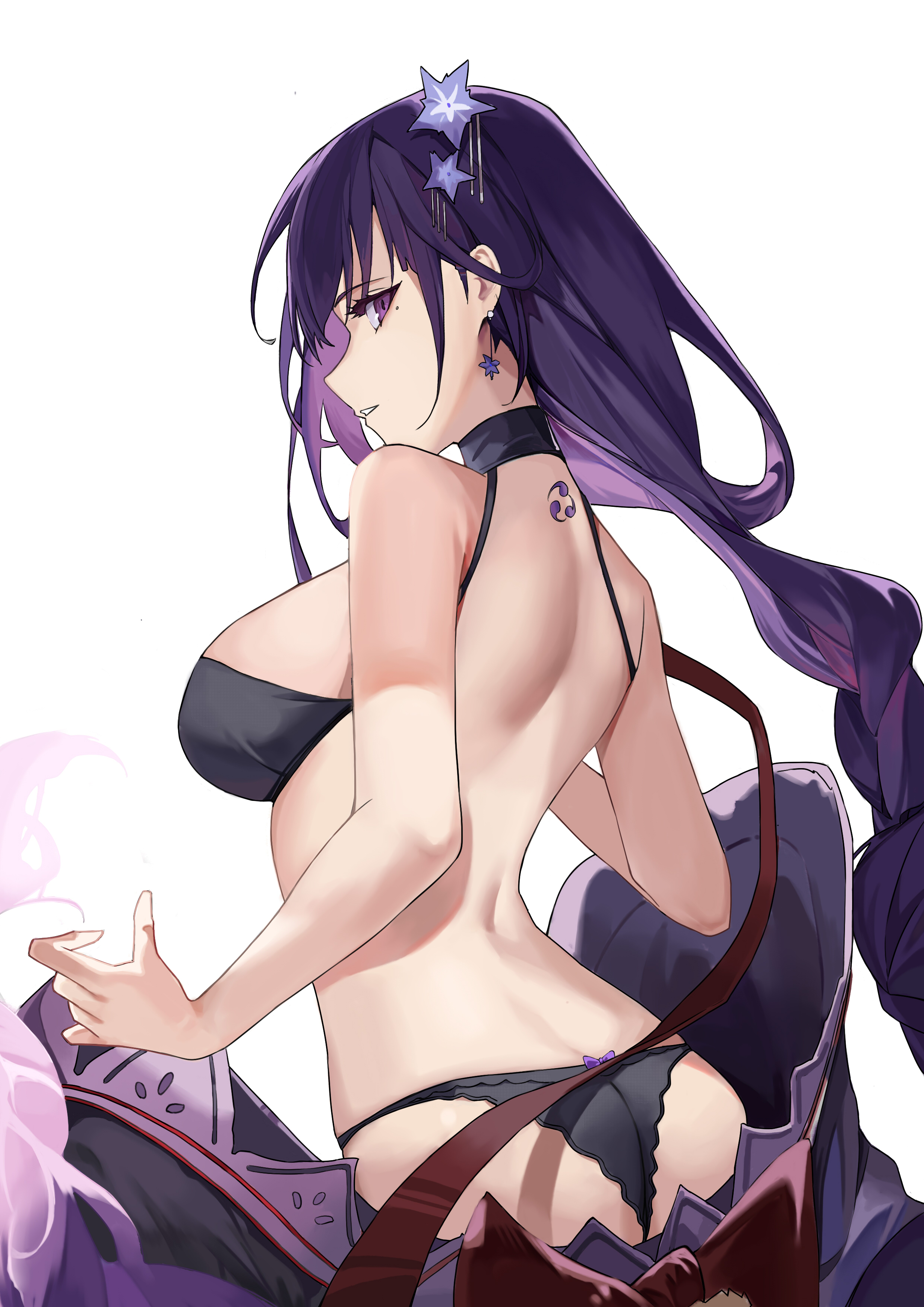 absurdres, ass, back, black bra, black panties, bow, bow panties, bra, braid, braided ponytail, breasts, female, flower, from behind, genshin impact, hair ornament, halterneck, highres, japanese clothes, kimono, kittf, large breasts, light smile, long hair, looking at viewer, low ponytail, mole, mole under eye, panties, parted lips, purple eyes, purple flower, purple hair, purple kimono, raiden shogun, solo, underwear, undressing, very long hair, white background