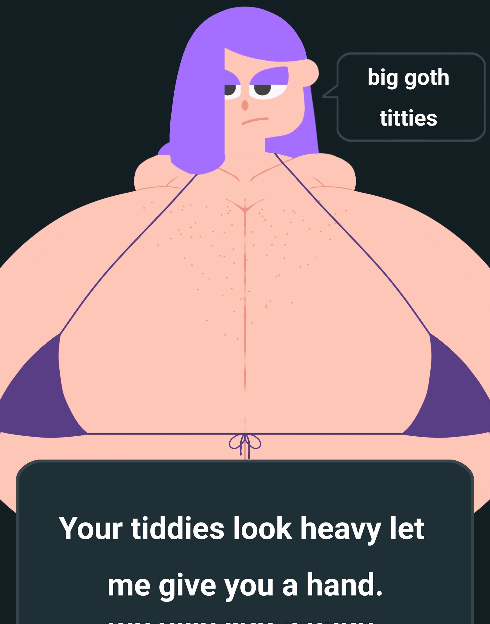 1girls, accurate art style, alternate breast size, big breasts, bikini, bikini top, breasts, duolingo, female, female only, front view, gigantic breasts, huge breasts, large breasts, lily (duolingo), massive breasts, no outlines, solo, text, videogamedunky