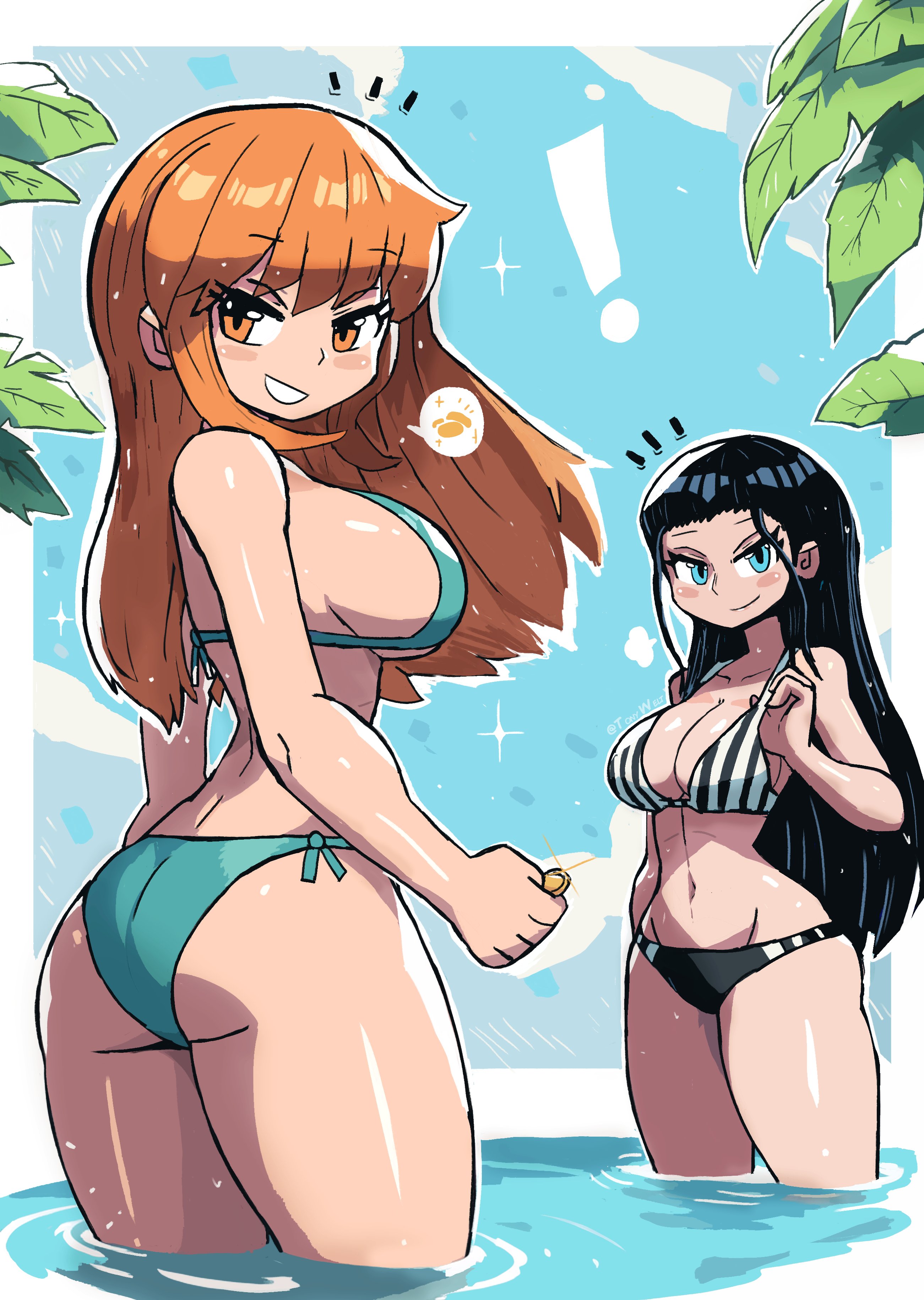 !, 2girls, arm tattoo, ass, bikini, bikini bottom, bikini top, black bikini, black bikini bottom, black bikini top, black hair, black-haired female, blue bikini, blue bikini bottom, blue bikini top, blue eyes, blush, blushing at viewer, cyan eyes, female, female only, long hair, long-haired female, looking at viewer, multiple females, multiple girls, nami (one piece), nico robin, one piece, orange eyes, orange hair, orange-haired female, palm tree, post-timeskip, tagme, tony welt, water