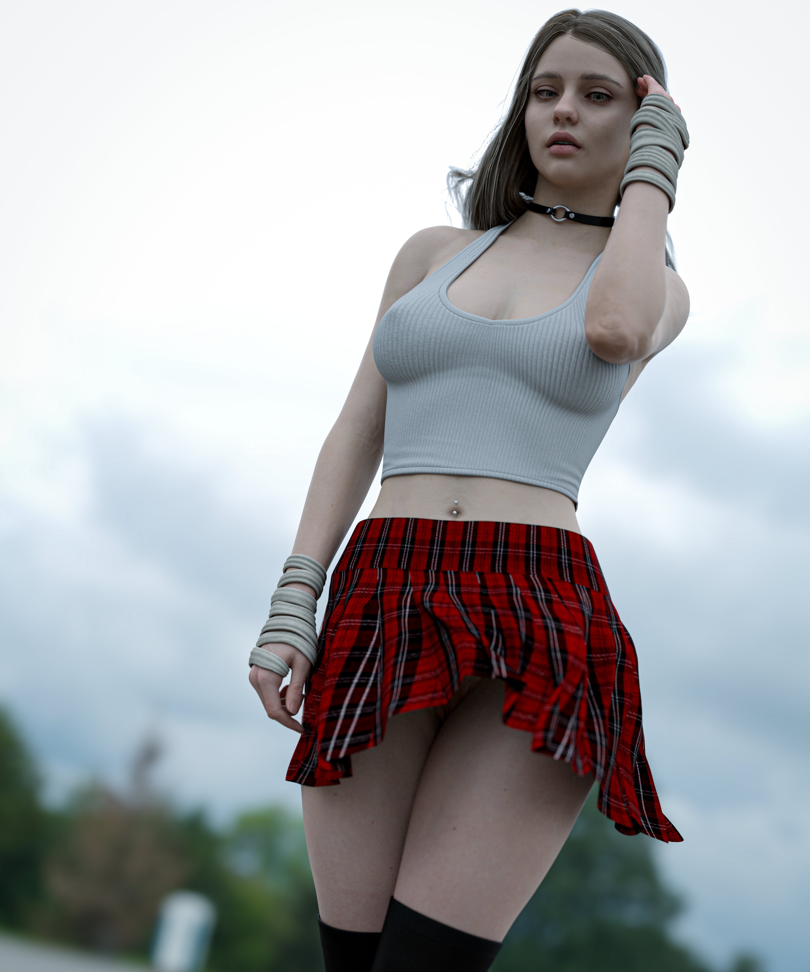 1girls, 3d, blonde hair, breasts, busty, capcom, choker, female, female focus, female only, hedonicphenomenon, hourglass figure, light skin, light-skinned female, long hair, miniskirt, pale skin, pale-skinned female, petite, pinup, pinup pose, pose, posing, realistic, resident evil, resident evil 8: village, rosemary winters, seductive look, skirt, stockings, tagme, wide hips