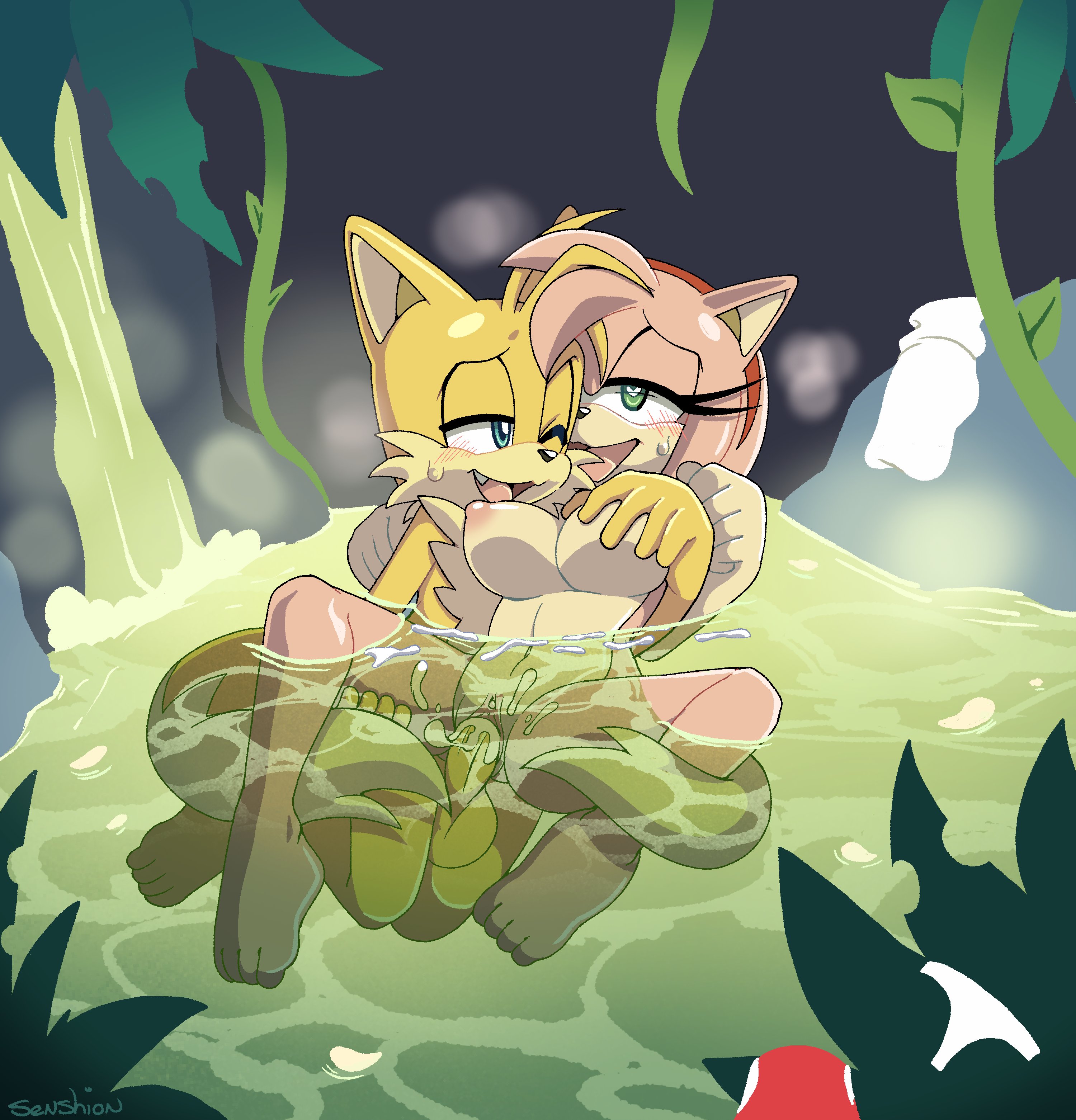 age difference, amy rose, anthro, balls, barefoot, blush, breasts, cum, cum in pussy, cum in water, cum inside, erection, female, furry, groping breasts, heart-shaped pupils, hot spring, male, male/female, mixed bathing, nude, older female, penis, pussy, sega, senshion, sonic (series), sonic the hedgehog (series), steam, straight, tagme, tails, tails the fox, water, wholesome, younger male