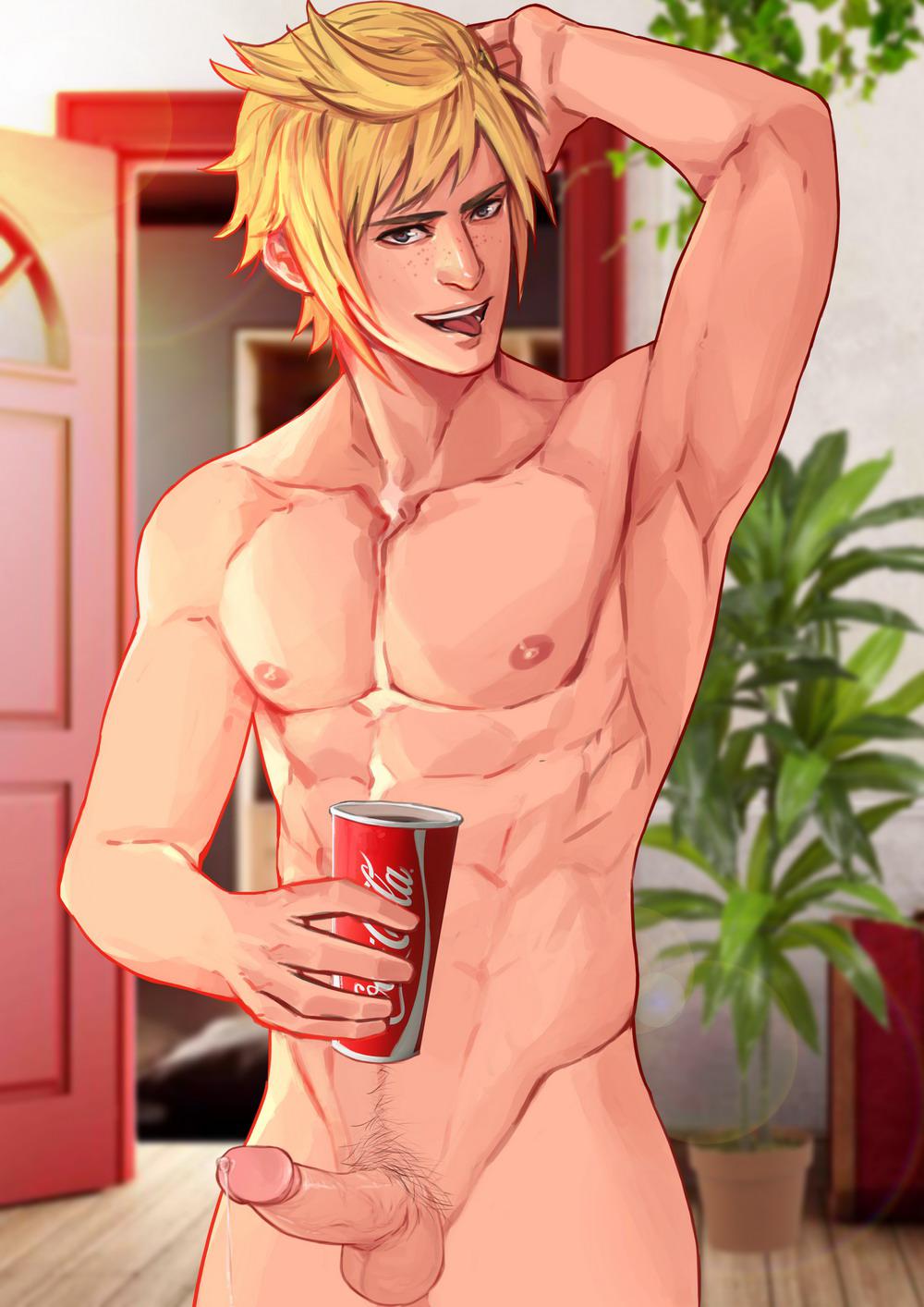 1boy abs balls blonde_hair coca-cola erect_penis final_fantasy final_fantasy_xv hard_on male_only maorenc muscular muscular_male naked nipples open_mouth pecs penis prompto_argentum pubes tagme tongue_out