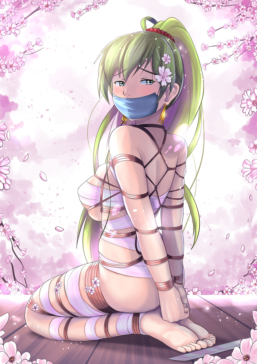 1girls arms_behind_back ass aster-effect back bandage bare_arms bare_back bare_legs barefoot big_ass bondage bound bound_ankles bound_arms bound_legs bound_toes bound_wrists breasts cherry_blossoms chest_sarashi earrings feet female female_only femsub fire_emblem fire_emblem:_the_blazing_blade flower gag green_eyes green_hair hair_flower kneeling large_breasts legs long_hair looking_at_viewer looking_back lyn_(fire_emblem) nintendo petals ponytail restrained rope rope_bondage sarashi skindentation solo sword tape tape_gag tied_toes toe_bondage toes very_long_hair weapon