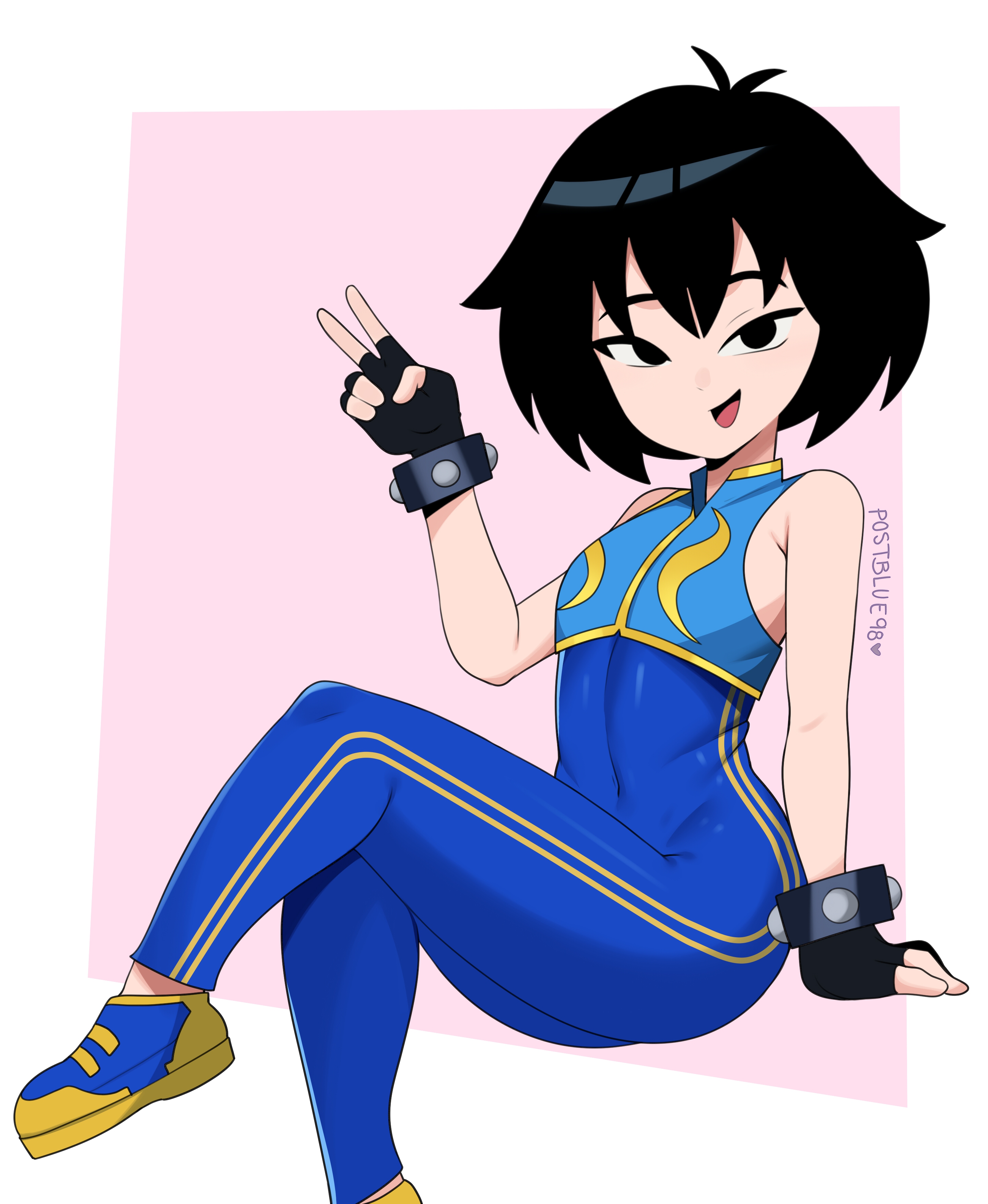 1girls, absurdres, asian, asian female, black hair, bodysuit, breasts, capcom, chun-li, chun-li (cosplay), cosplay, female, female only, flat chest, flat chested, fully clothed, human, japanese, light skin, light-skinned female, marvel, marvel comics, pale skin, peni parker, peni parker (earth-14512), postblue98, short black hair, short hair, small breasts, solo, spider-man (series), spider-man: into the spider-verse, street fighter, thighs
