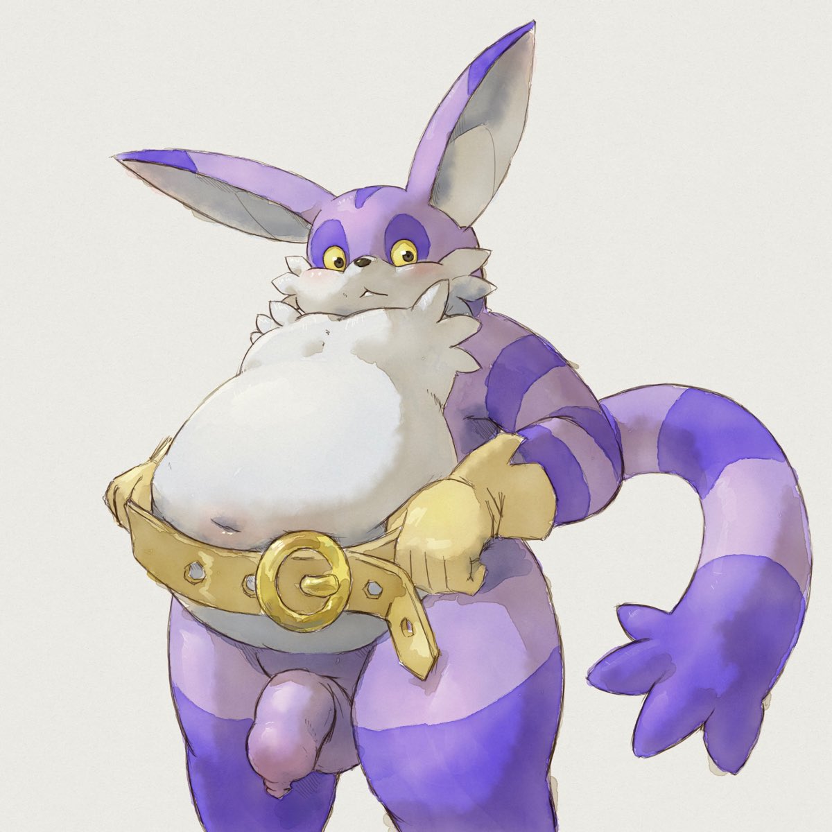 anthro apluss balls belly belt big_belly big_the_cat blush clothing domestic_cat felid feline felis flaccid foreskin fur genitals gloves handwear hi_res looking_at_viewer male mammal navel overweight penis purple_body purple_fur sega solo sonic_(series) sonic_the_hedgehog_(series) striped_body striped_fur stripes yellow_eyes