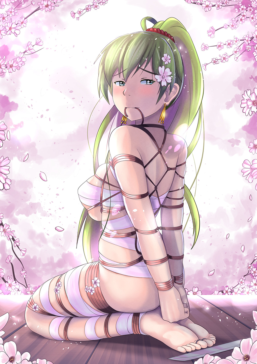 1girls arms_behind_back ass aster-effect back bandage bare_arms bare_back bare_legs barefoot big_ass bondage bound bound_ankles bound_arms bound_legs bound_toes bound_wrists breasts cherry_blossoms chest_sarashi earrings feet female female_only femsub fire_emblem fire_emblem:_the_blazing_blade flower green_eyes green_hair hair_flower happy_sub kneeling large_breasts legs long_hair looking_at_viewer looking_back lyn_(fire_emblem) mouth_hold nintendo petals ponytail restrained rope rope_bondage sarashi skindentation solo sword tied_toes toe_bondage toes very_long_hair weapon